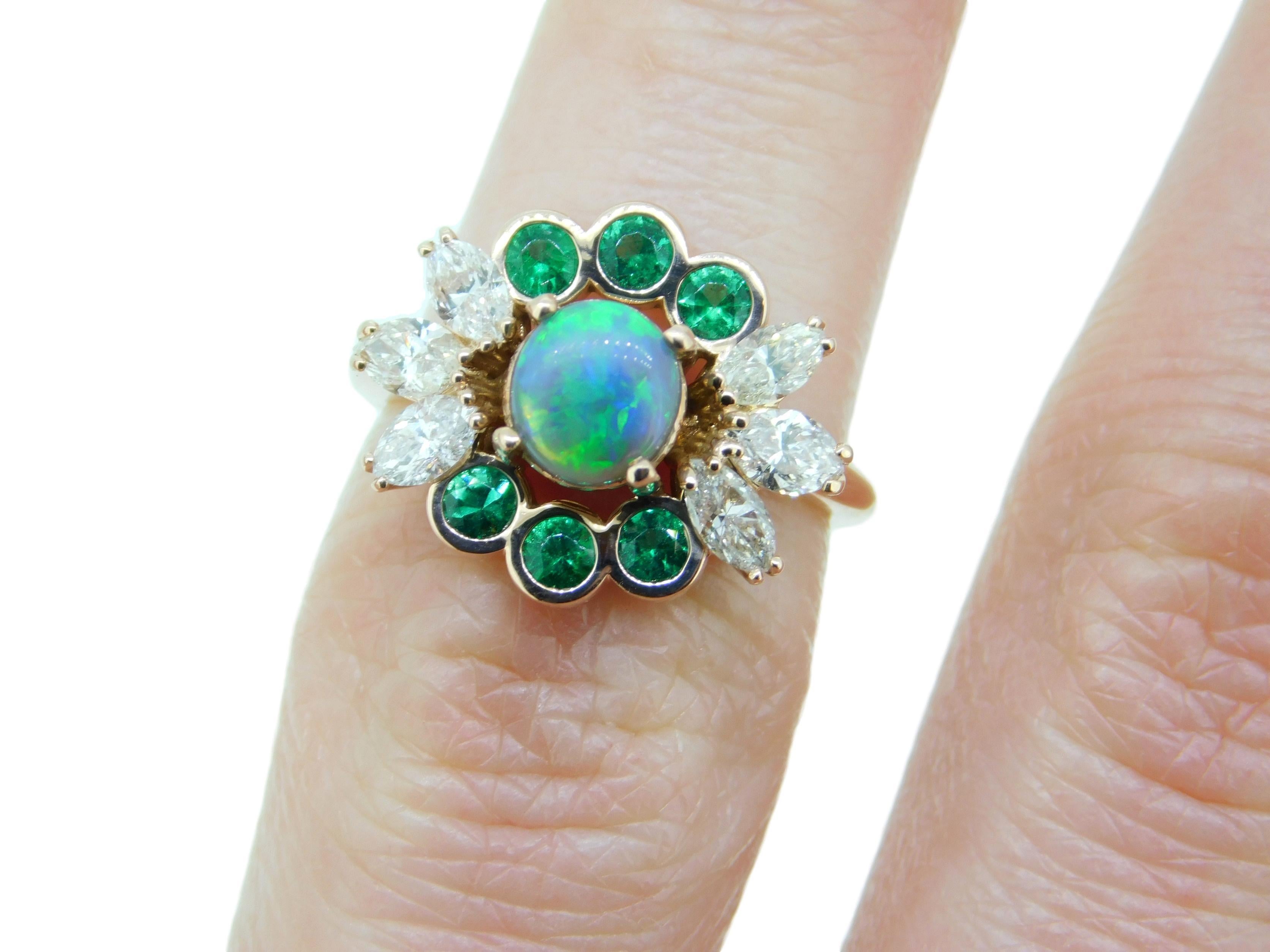 Women's or Men's 14k Rose Gold Genuine Natural Opal Emerald and Diamond Ring '#J4775'