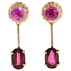 14k Rose Gold GIA 3.53 Carat Oval Ruby and Round Pink Sapphire Dangle Earrings