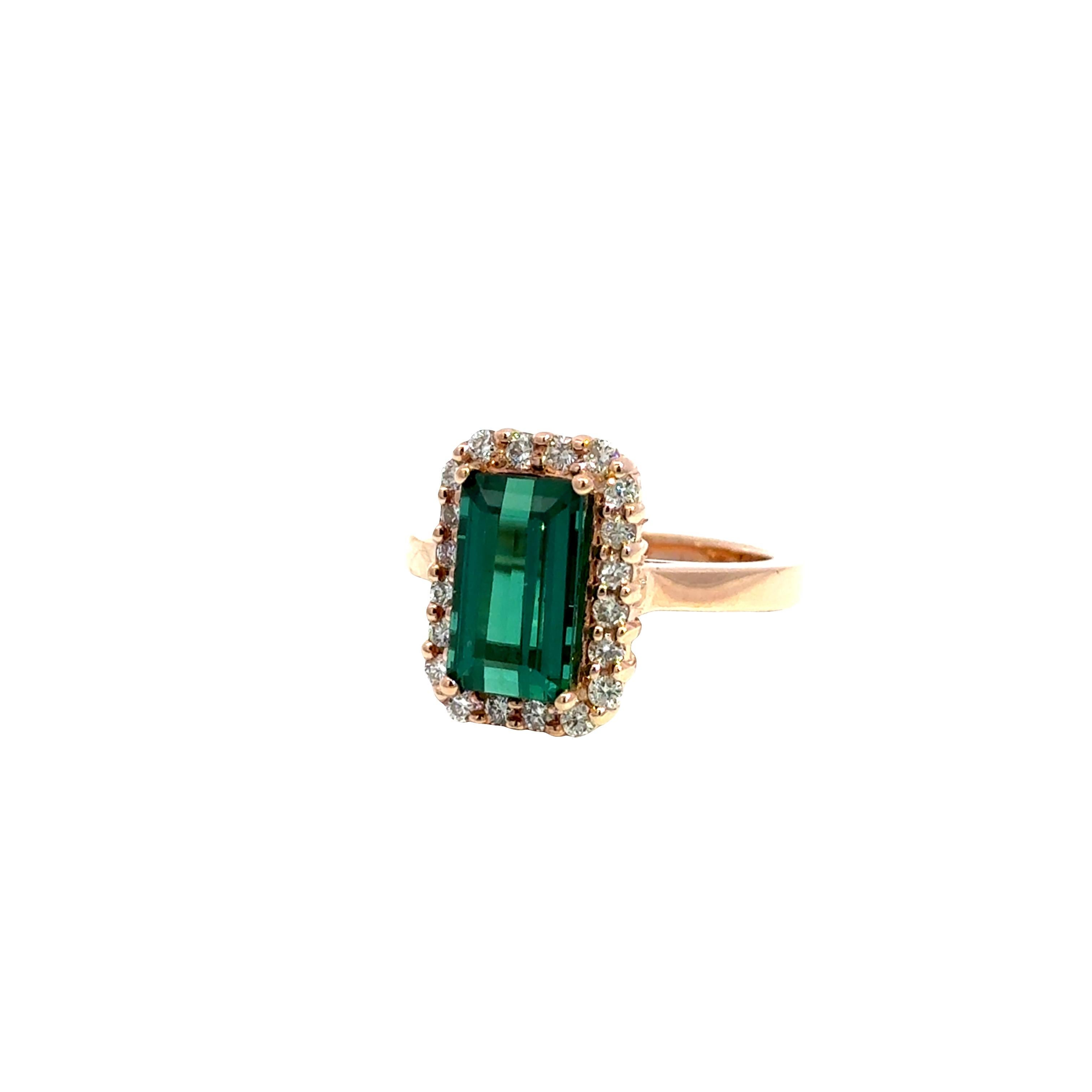 Emerald Cut 14k Rose Gold Green Tourmaline and Diamond Ri For Sale