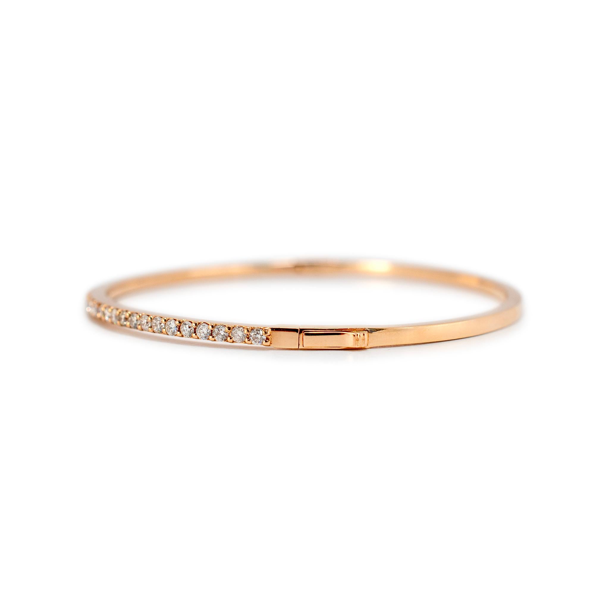 Gender: Women's

Metal Type: 14K Rose Gold

Length: 6.75 inches

Width: 2.45 mm

Weight: 9.56 grams

Ladies rhodium plated 14K white gold, diamond bangle, tennis, line bracelet. Engraved with 