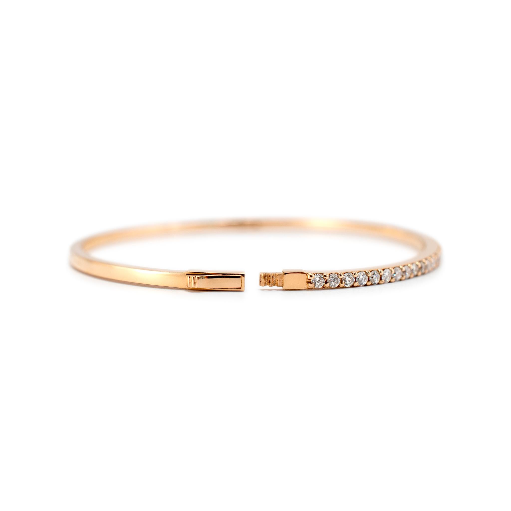 14K Rose Gold Half Eternity Tennis 1.35ct Diamond Bangle Bracelet For Sale 1