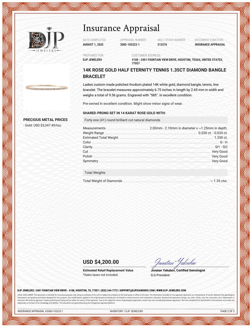 14K Rose Gold Half Eternity Tennis 1.35ct Diamond Bangle Bracelet For Sale 4