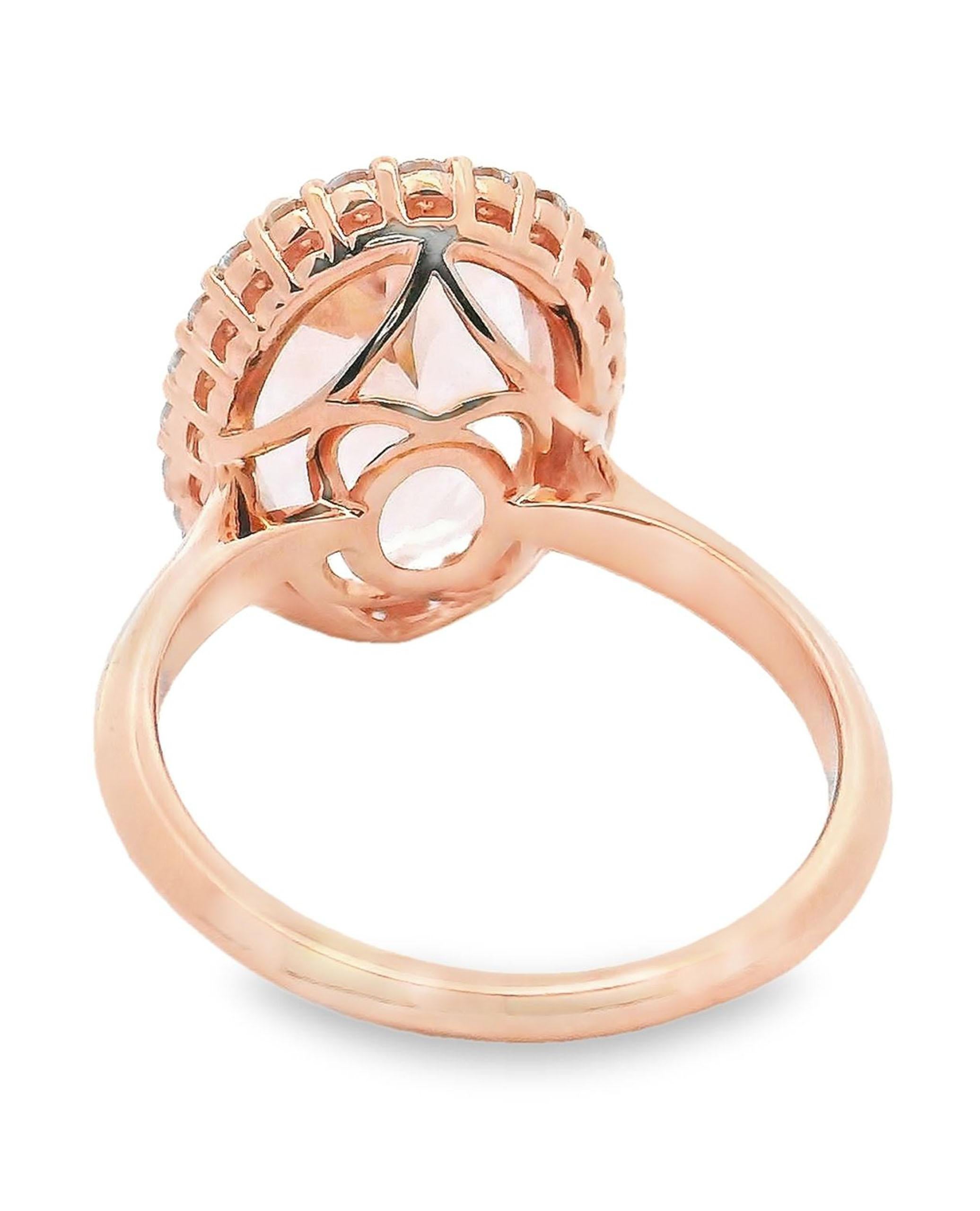 Contemporary 14K Rose Gold Halo Ring with Morganite and Diamonds For Sale
