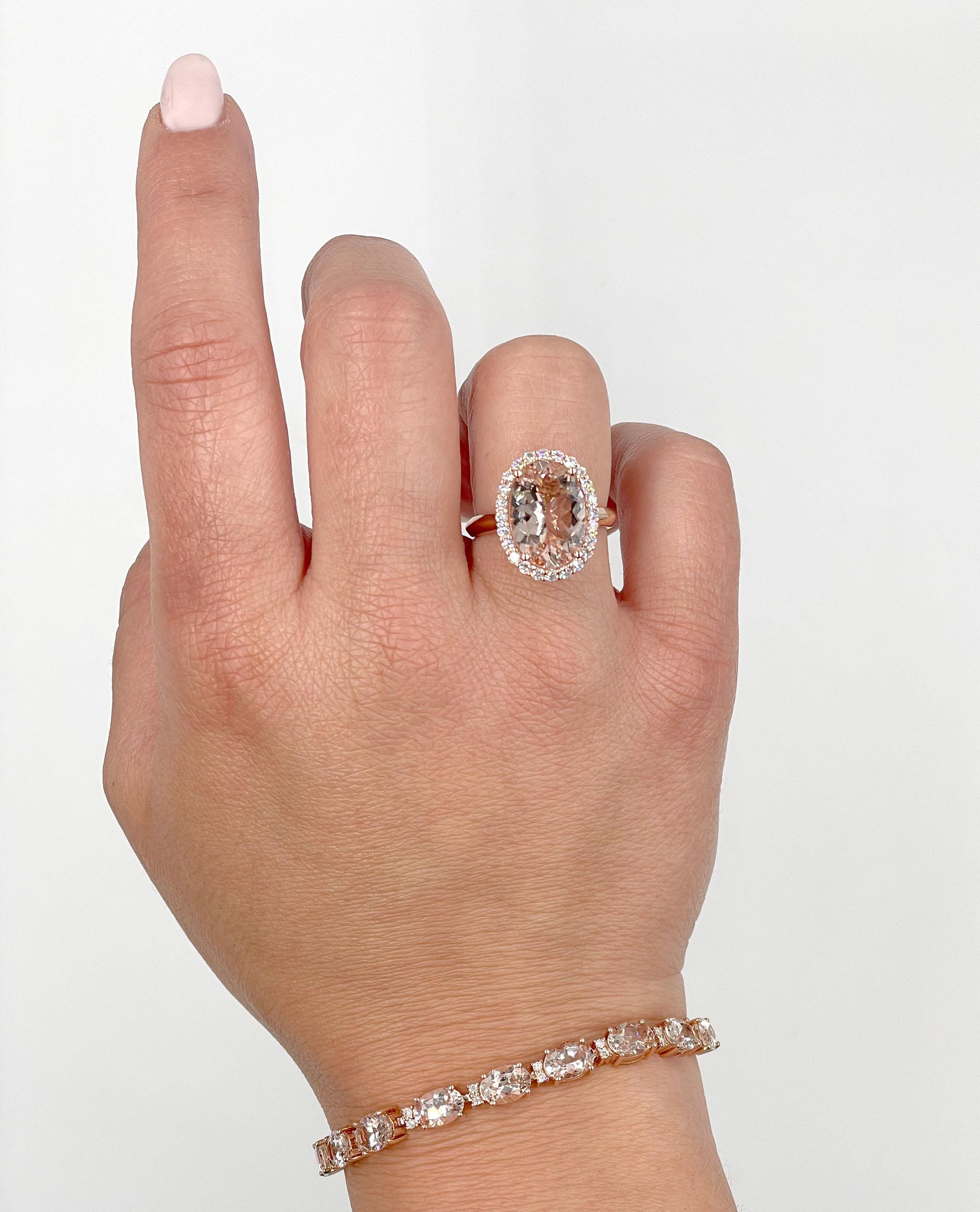 Oval Cut Oval Morganite Ring with Halo of Diamonds in 14K Rose Gold For Sale