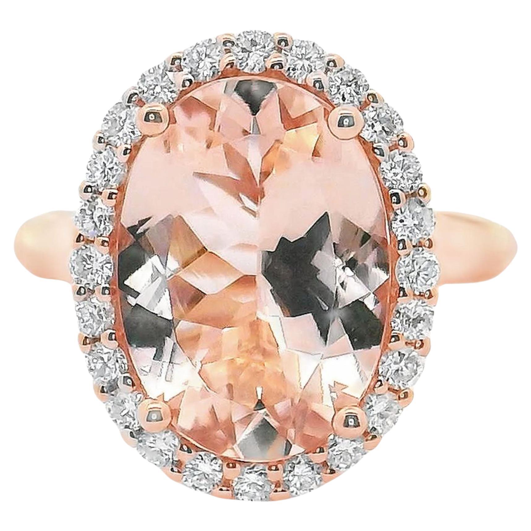 14K Rose Gold Halo Ring with Morganite and Diamonds For Sale