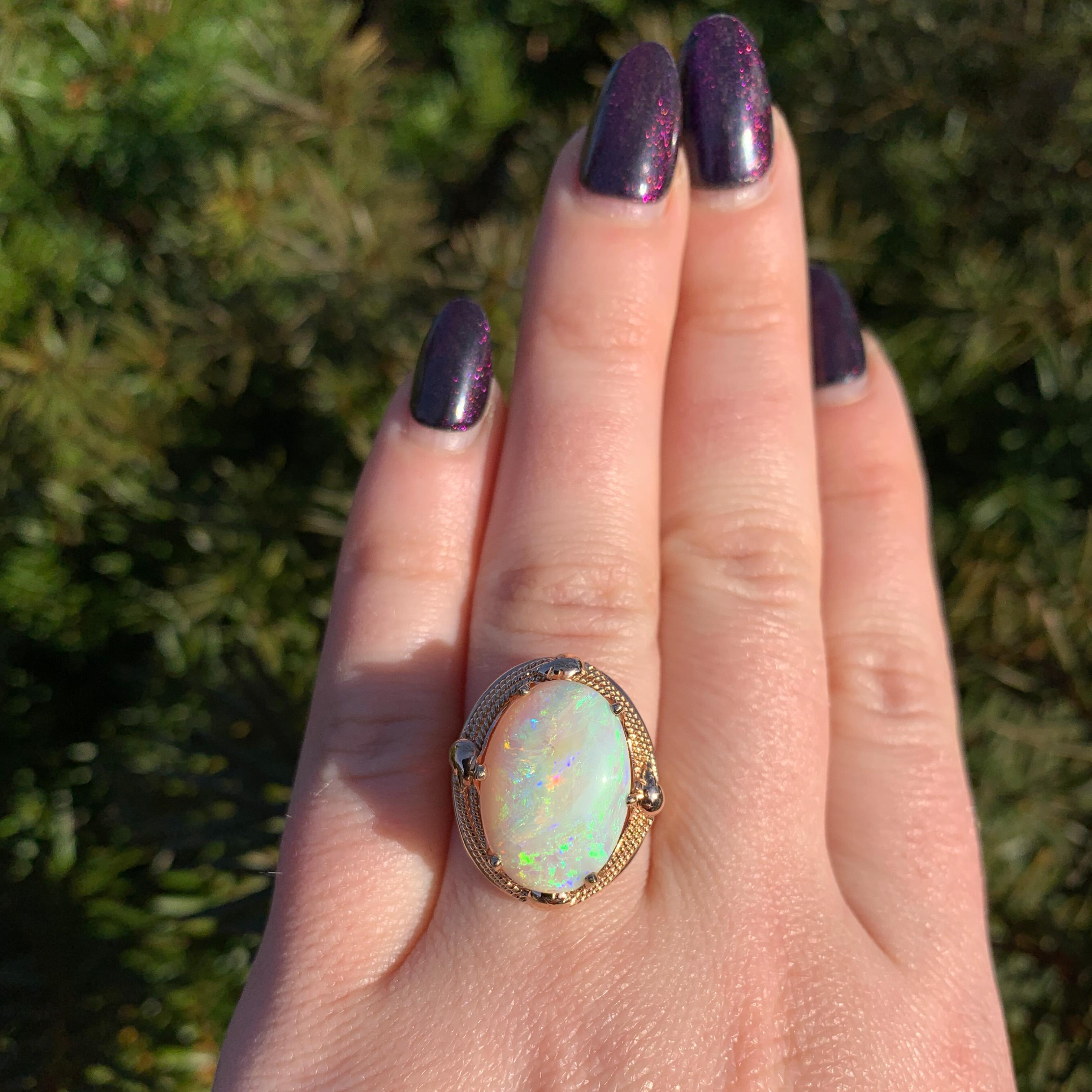 14K Rose Gold Hand Wrought Ring with a large 6.05 carat Australian Opal For Sale 2