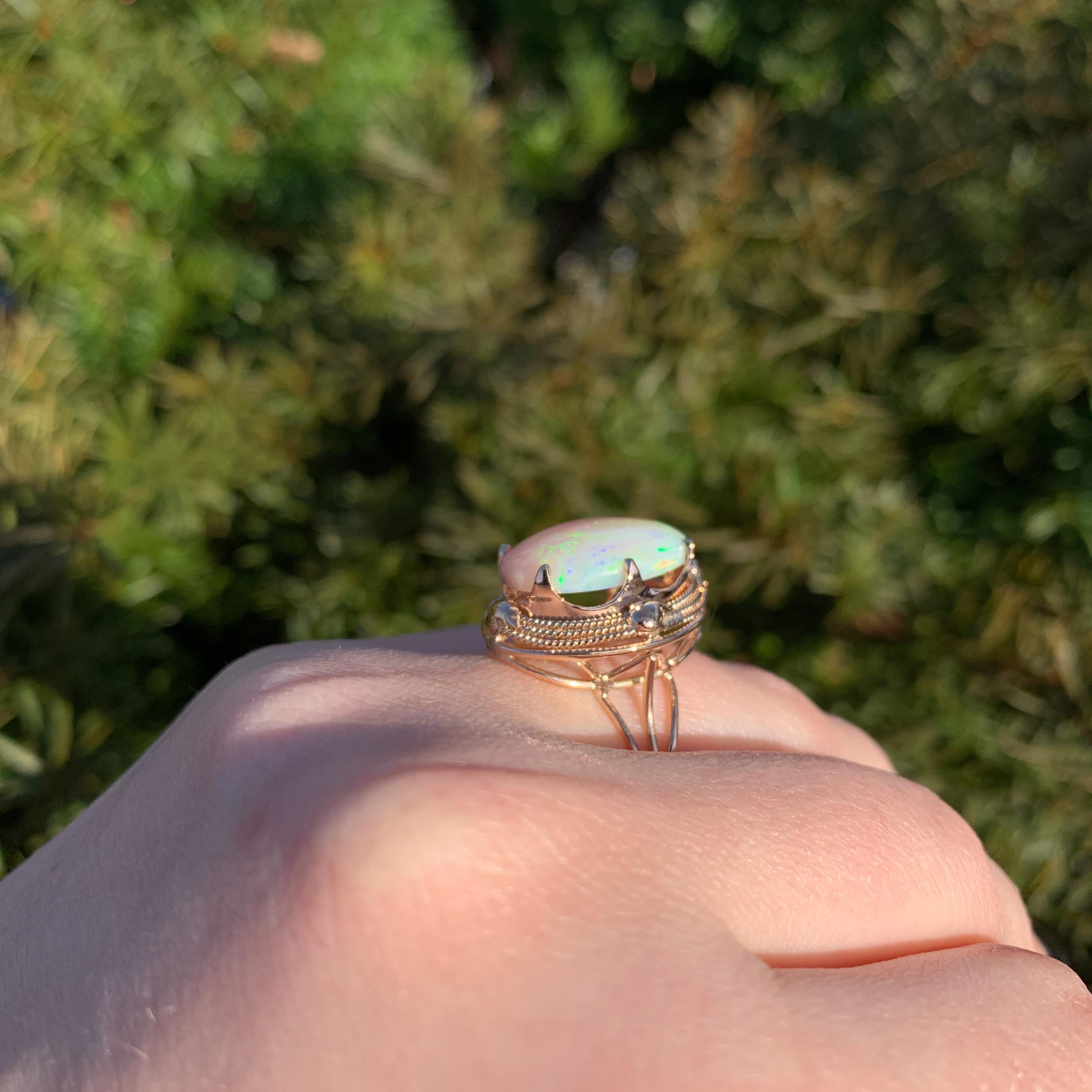 14K Rose Gold Hand Wrought Ring with a large 6.05 carat Australian Opal For Sale 3