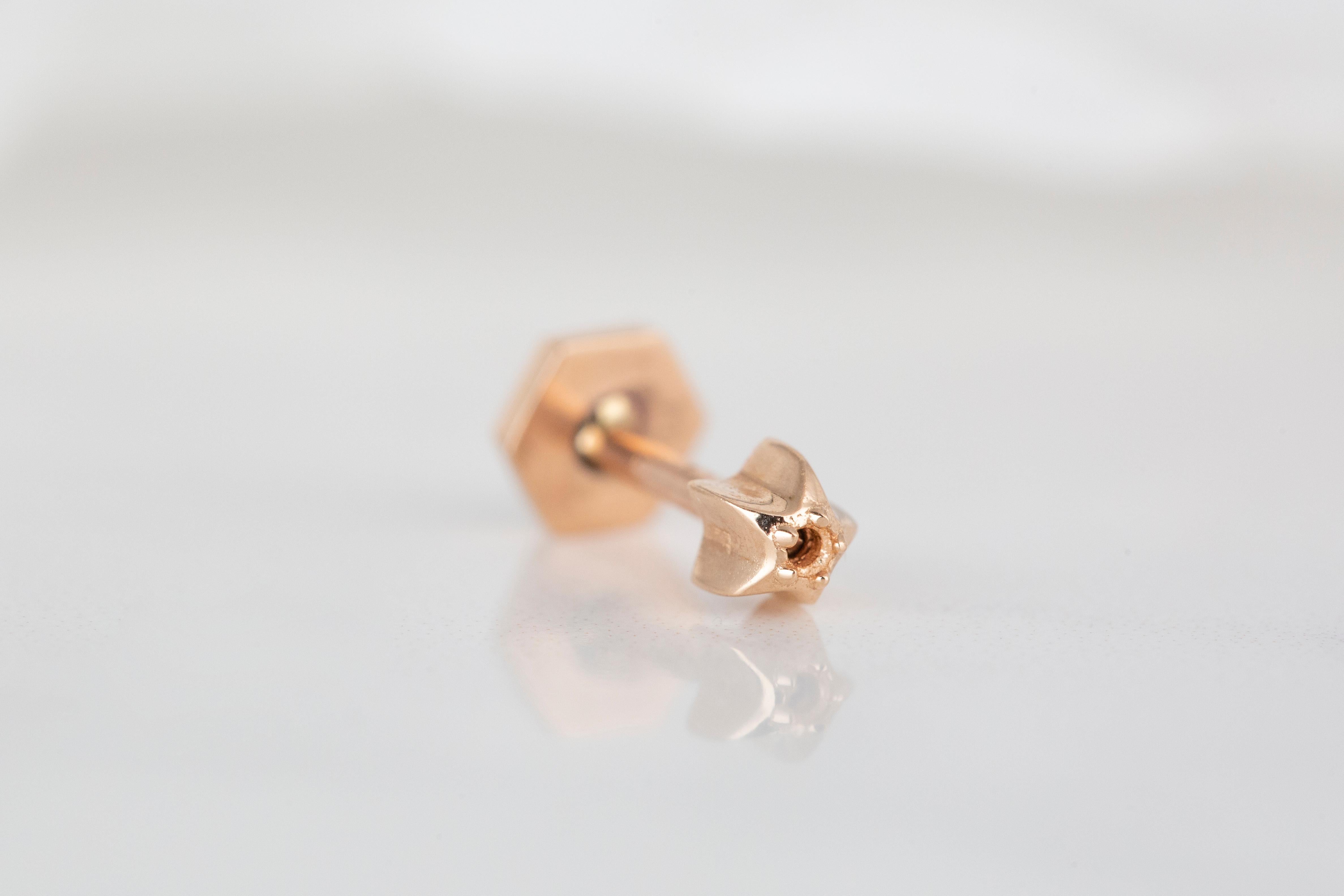 Modern 14K Rose Gold Hexagon Shape Piercing, Rose Gold Stud Hexagonal Earring For Sale