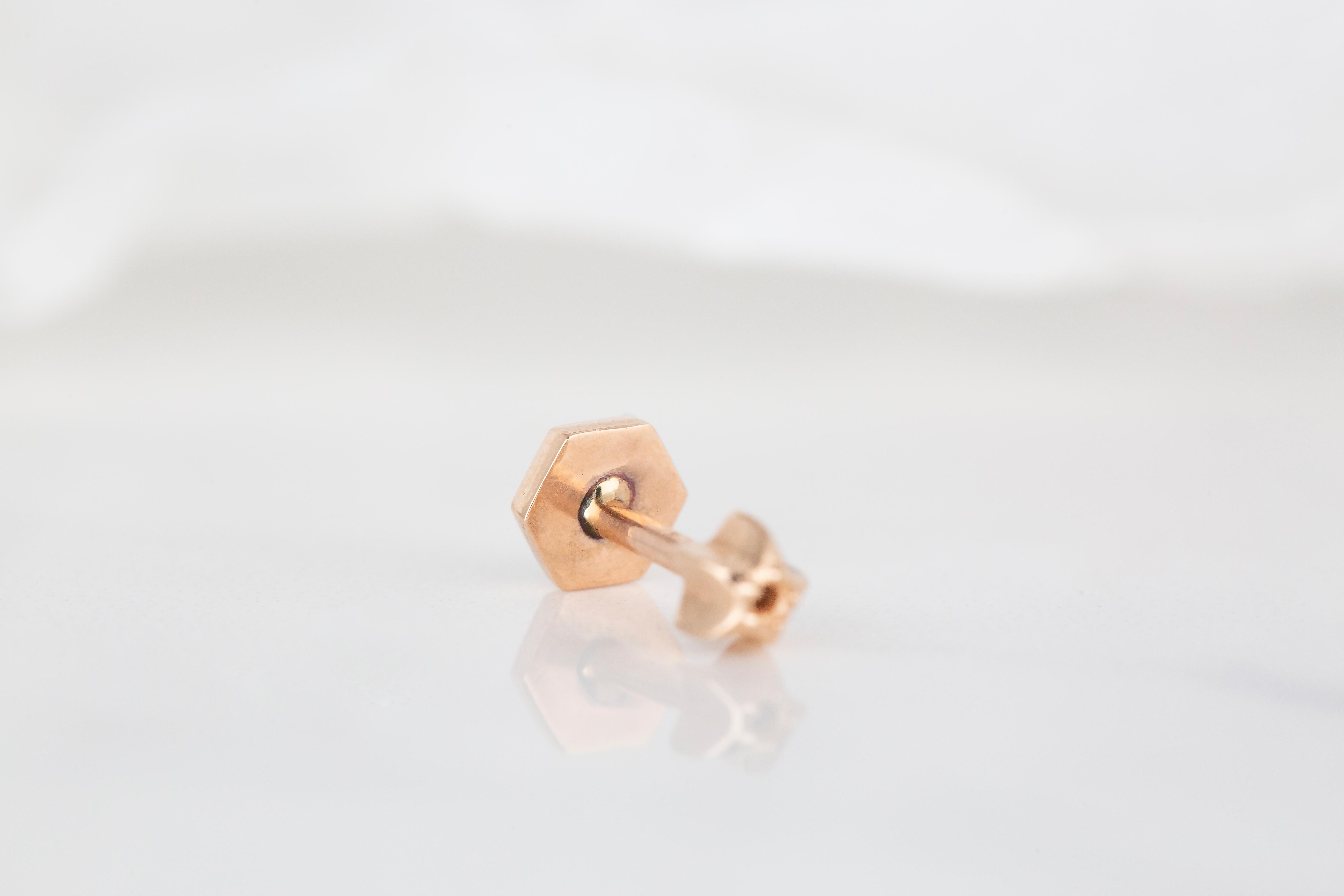 14K Rose Gold Hexagon Shape Piercing, Rose Gold Stud Hexagonal Earring In New Condition For Sale In ISTANBUL, TR