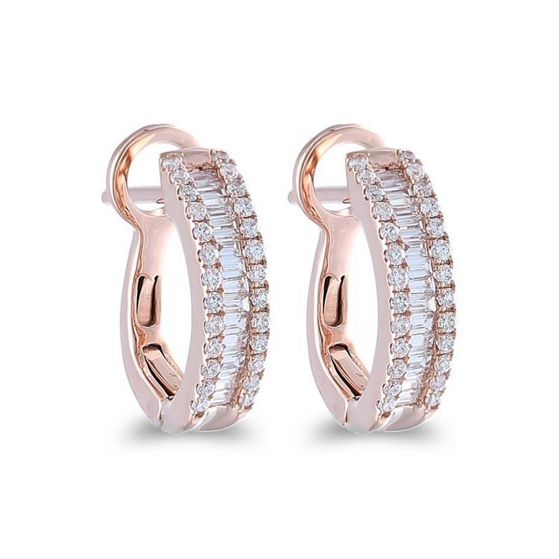 Diamond Carat Weight: These exquisite Hoops and Huggies Earrings are adorned with a total of 0.43 carats of diamonds. The earrings feature 52 round-cut diamonds and 26 baguette-cut diamonds, each selected for their brilliance and quality.

Gold