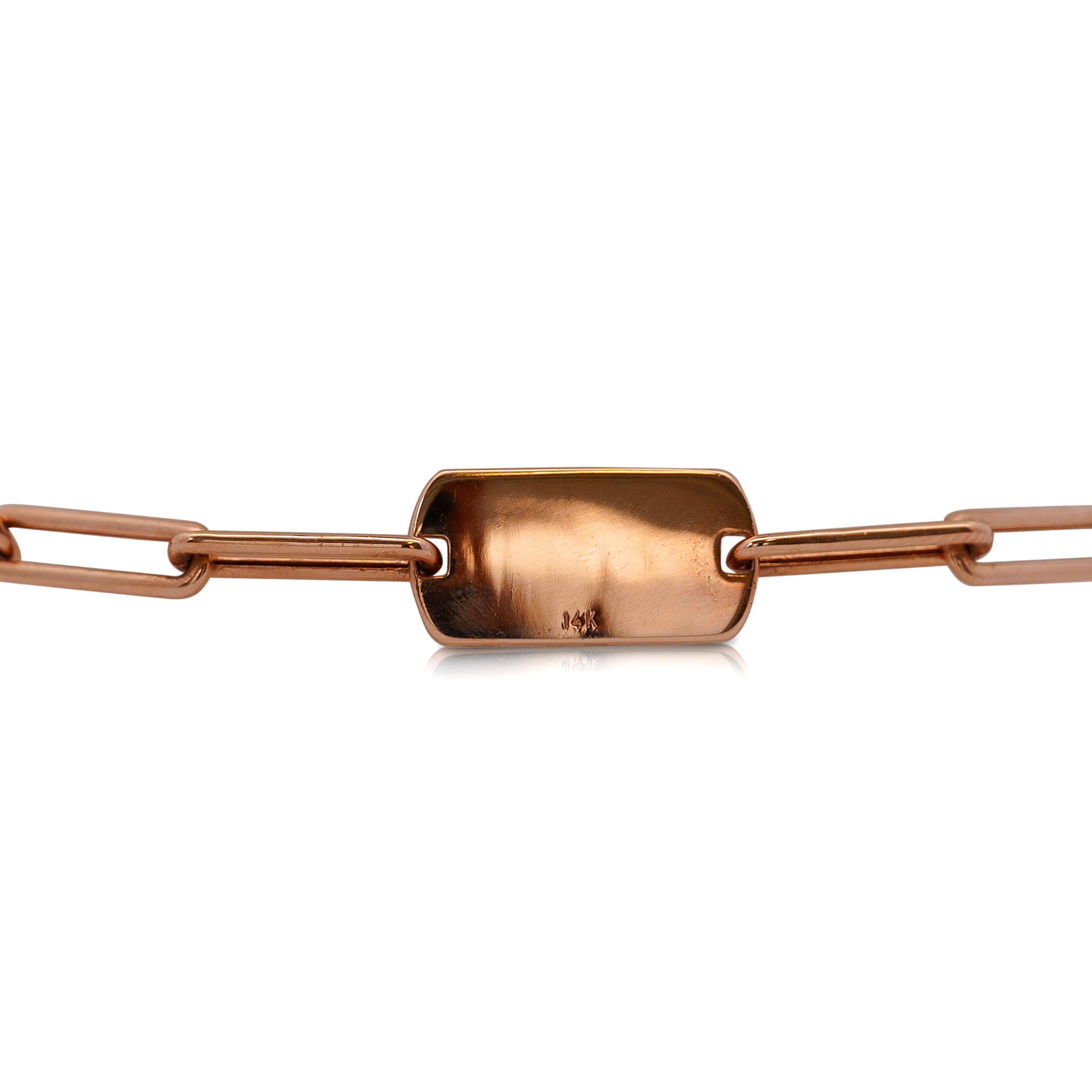 Moderne Bracelet à maillons avec étiquette d'identification en or rose 14 carats et diamants ronds pavés en vente