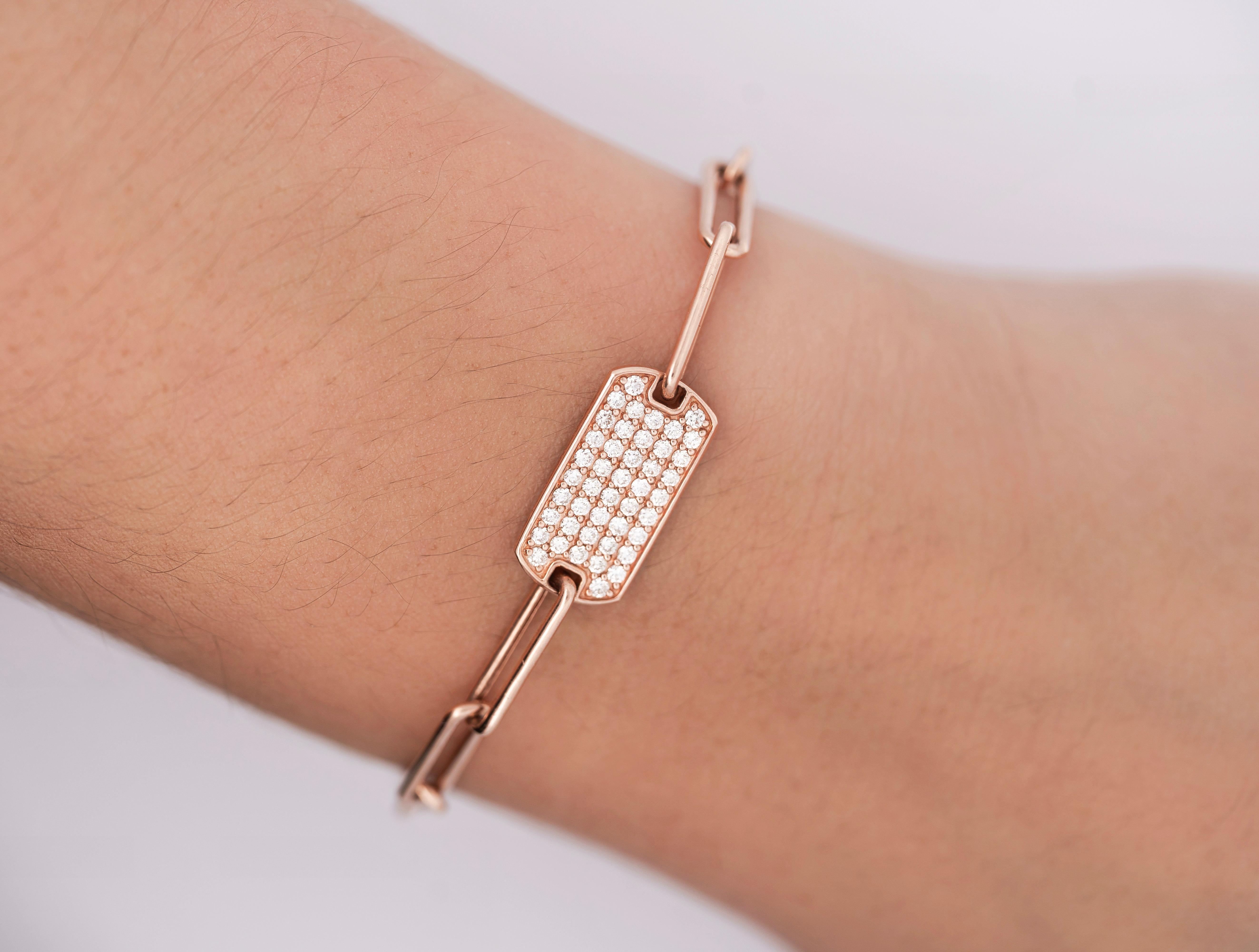 Bracelet à maillons avec étiquette d'identification en or rose 14 carats et diamants ronds pavés Neuf - En vente à Miami, FL