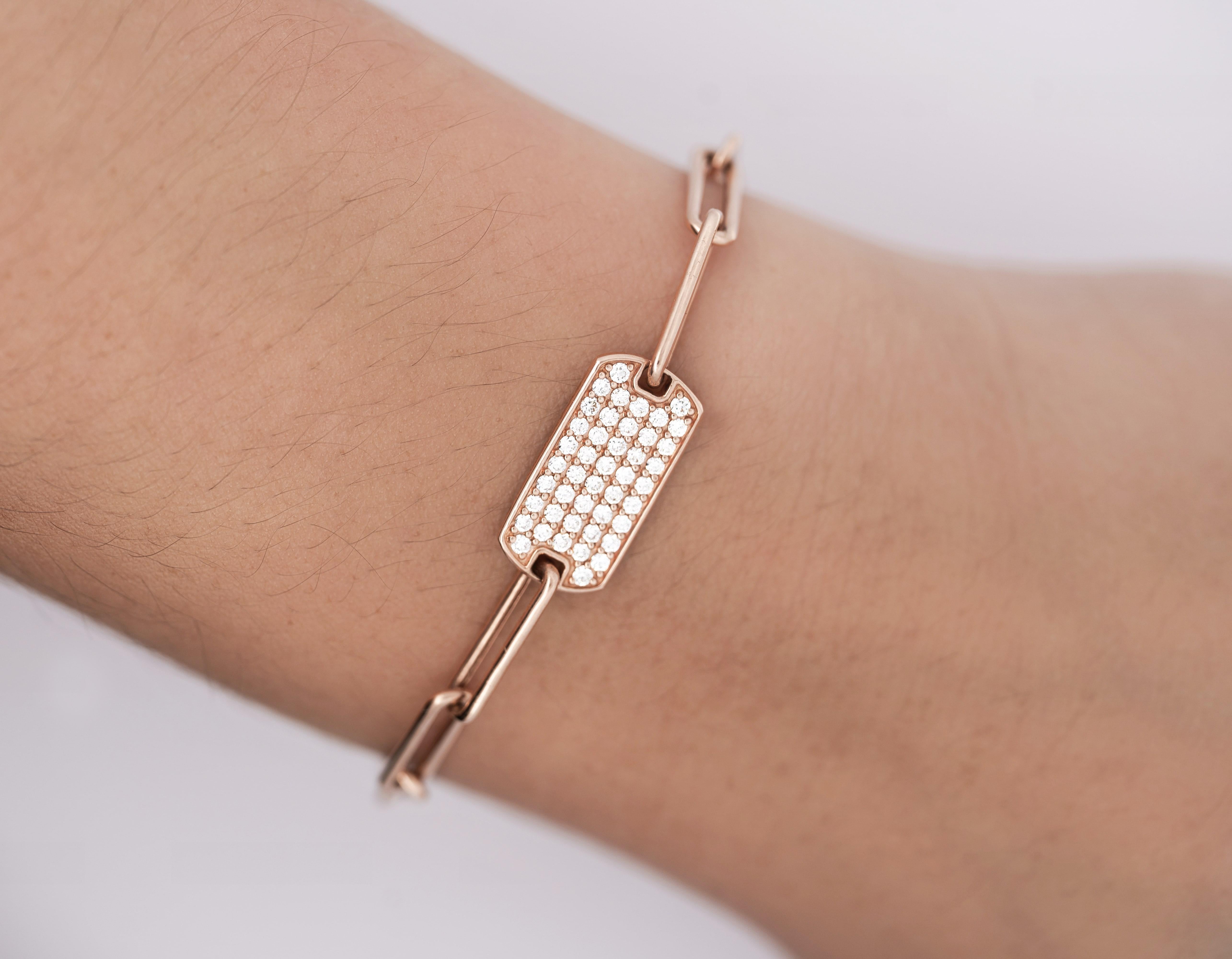 Bracelet à maillons avec étiquette d'identification en or rose 14 carats et diamants ronds pavés Unisexe en vente