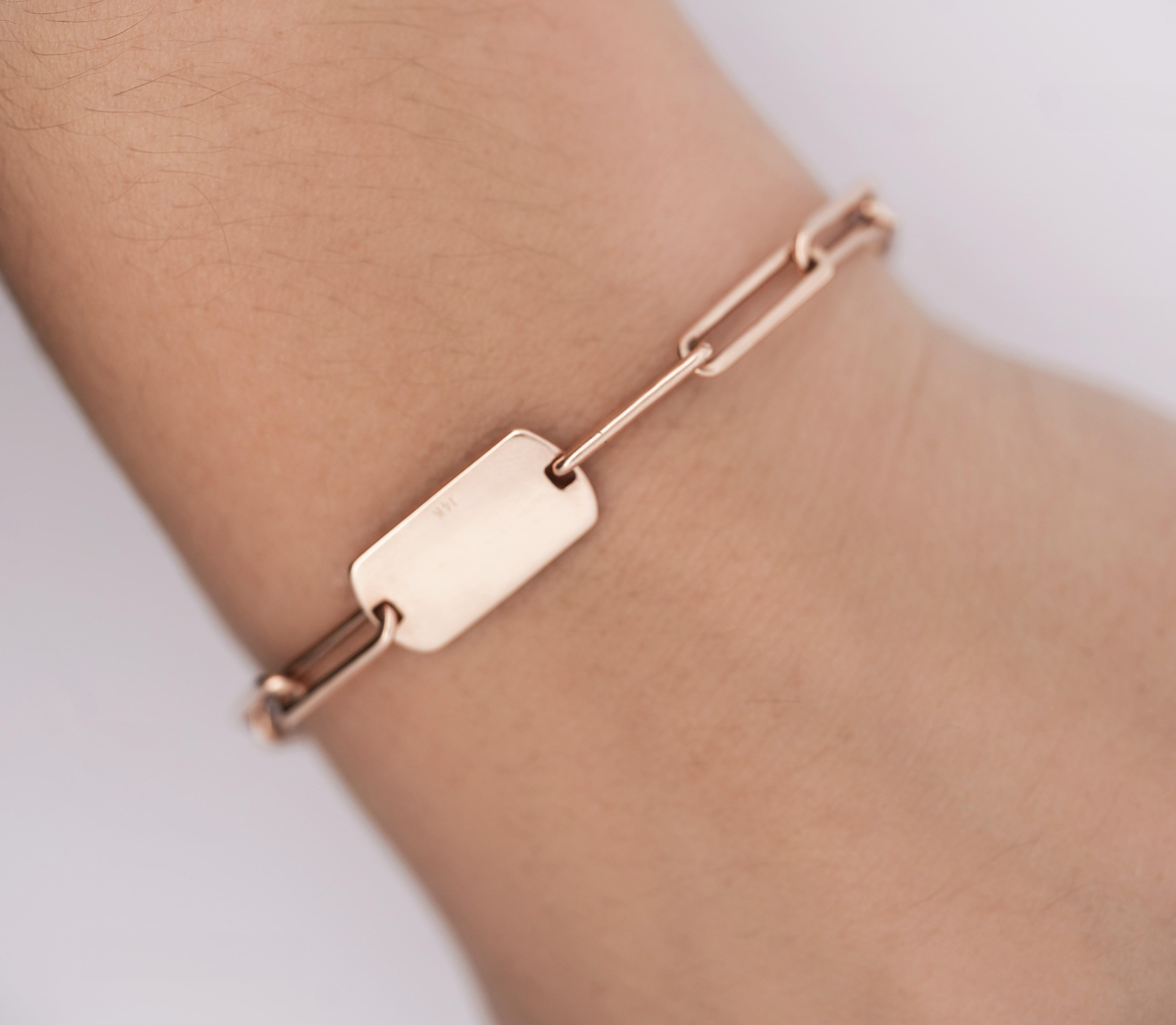 Bracelet à maillons avec étiquette d'identification en or rose 14 carats et diamants ronds pavés en vente 1