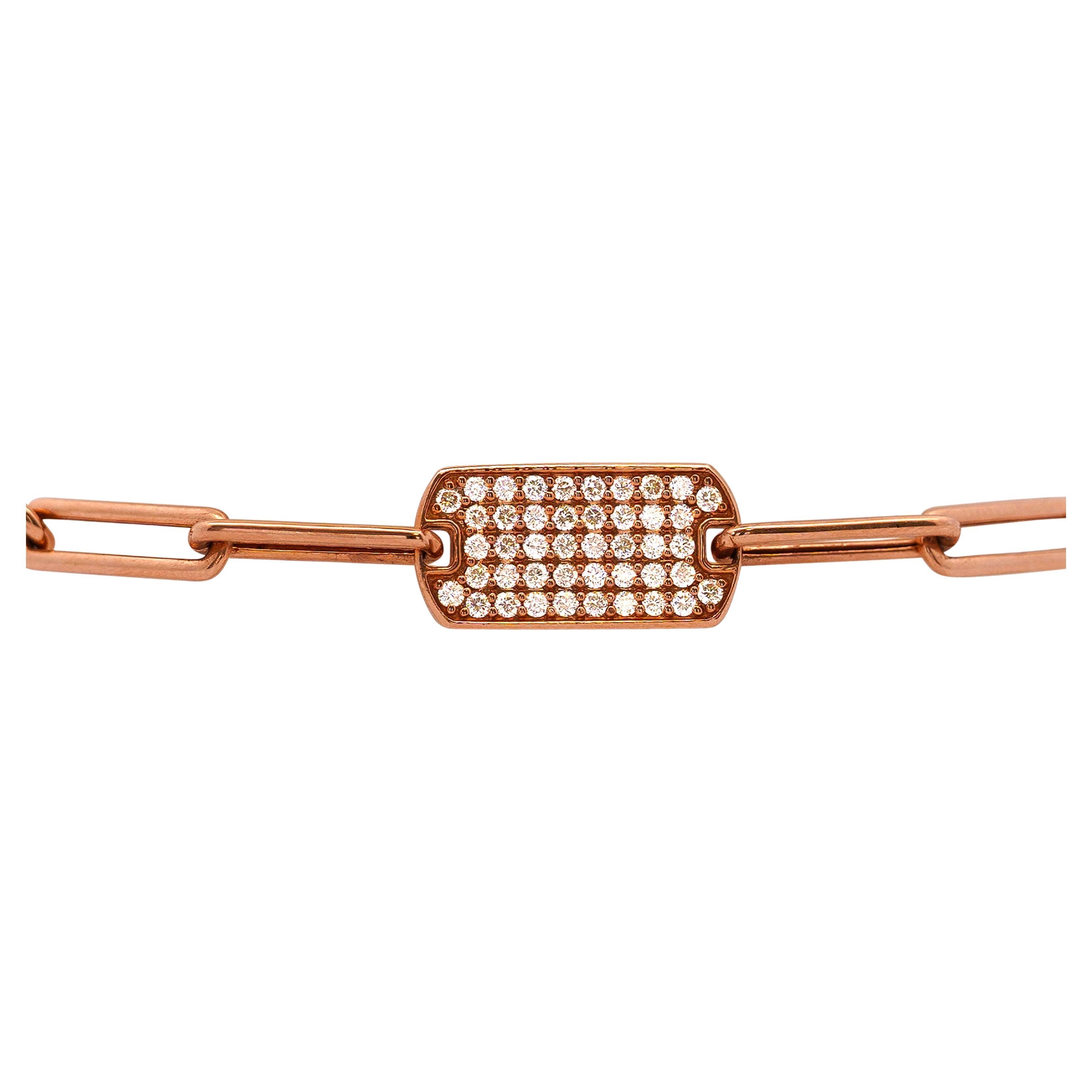14K Rose Gold ID Tag Round Diamond Pave Cable Link Chain Bracelet