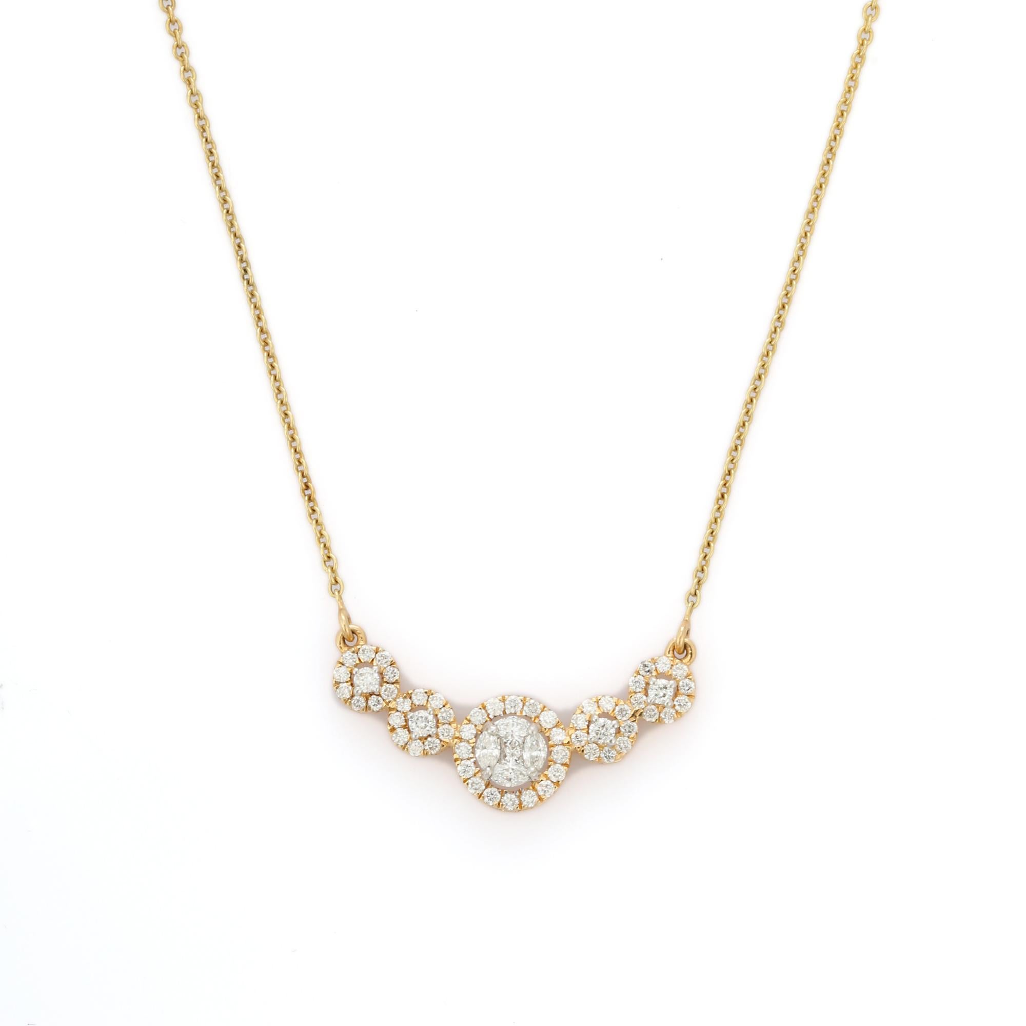Diamond Necklace in 14K Gold studded with round cut diamonds.
Accessorize your look with this elegant diamond beaded necklace. This stunning piece of jewelry instantly elevates a casual look or dressy outfit. Comfortable and easy to wear, it is just