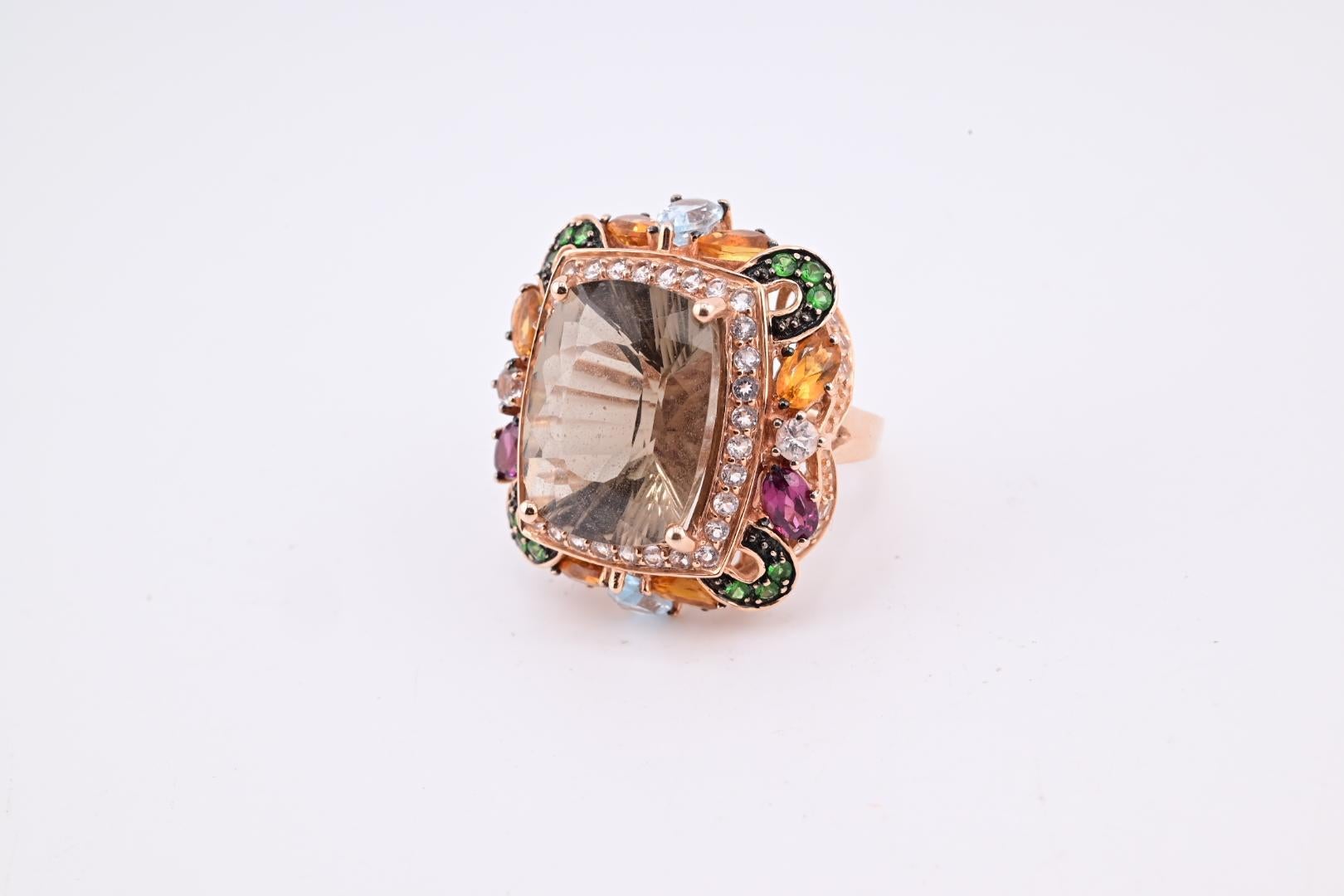 Rose Cut 14K Rose Gold Levian Ring With Smokey Quartz Fine Beautiful Color Gemstones For Sale