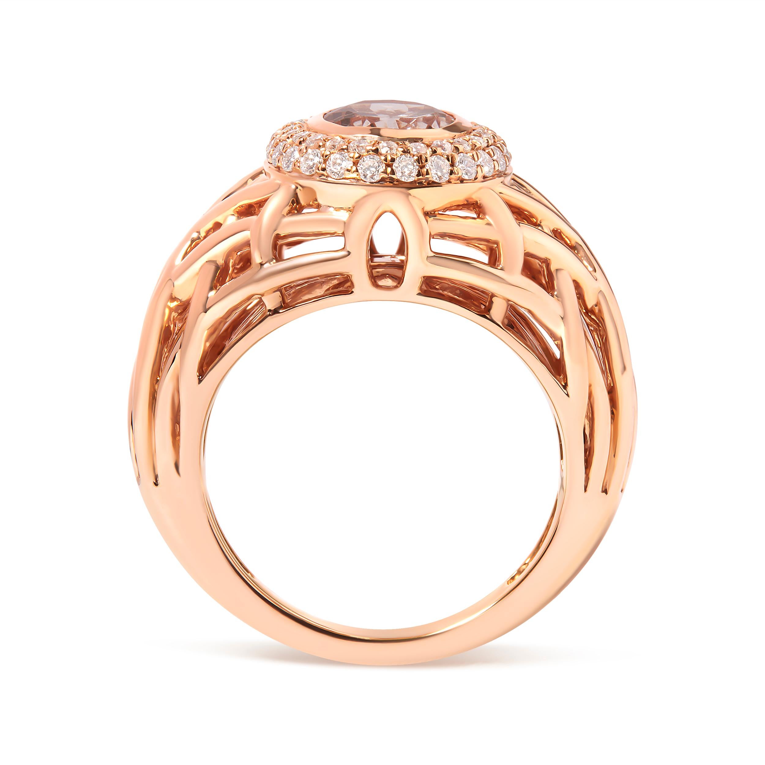 Indulge in the sophisticated allure of this 14K rose gold cocktail ring, where the gentleness of a light pink, oval-cut morganite gemstone beckons the gaze. Measuring a delicate 9x9 mm, this color-treated morganite is meticulously bezel set,