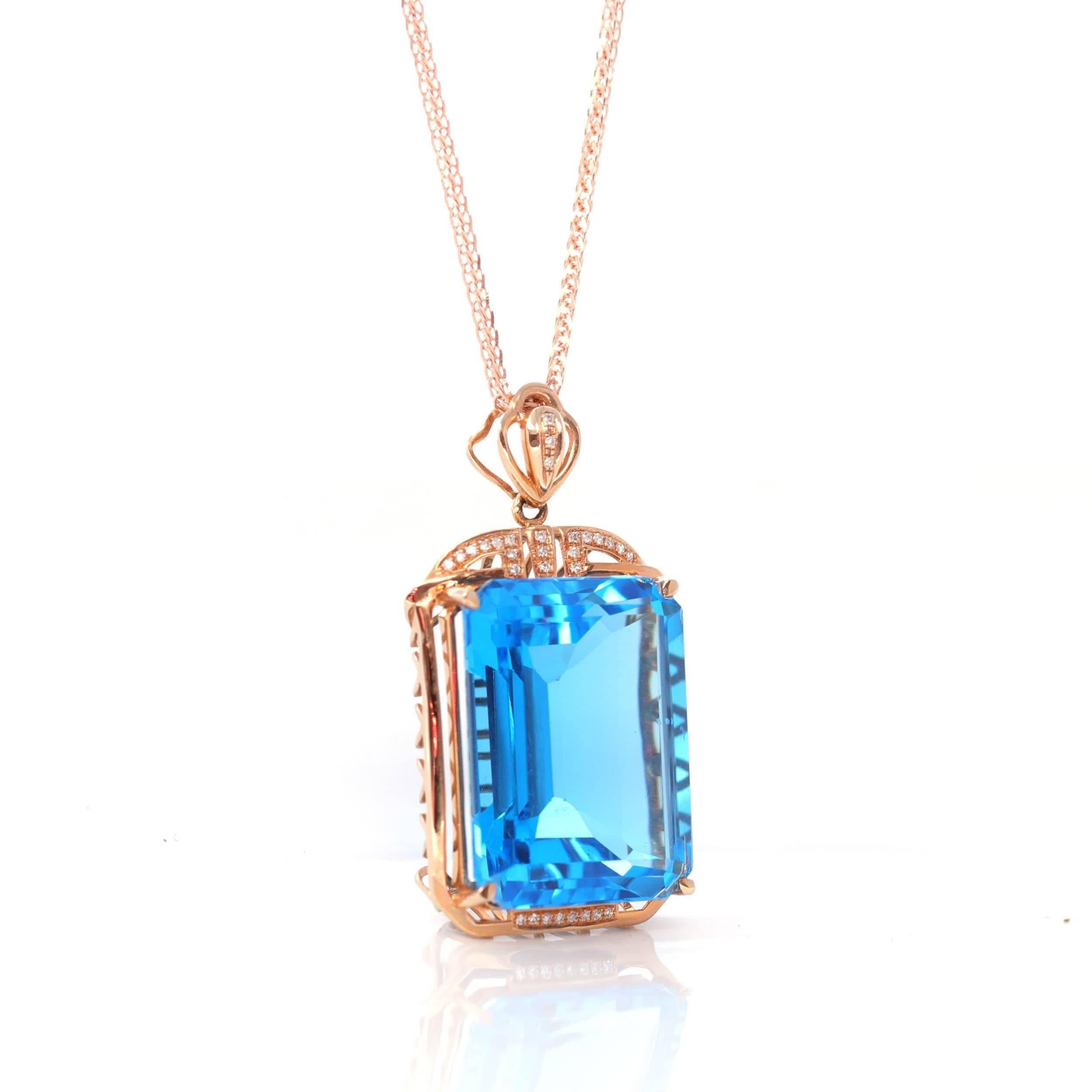 Artist 14k Rose Gold London Blue Topaz Emerald Cut Prong Set Necklace with Diamonds For Sale