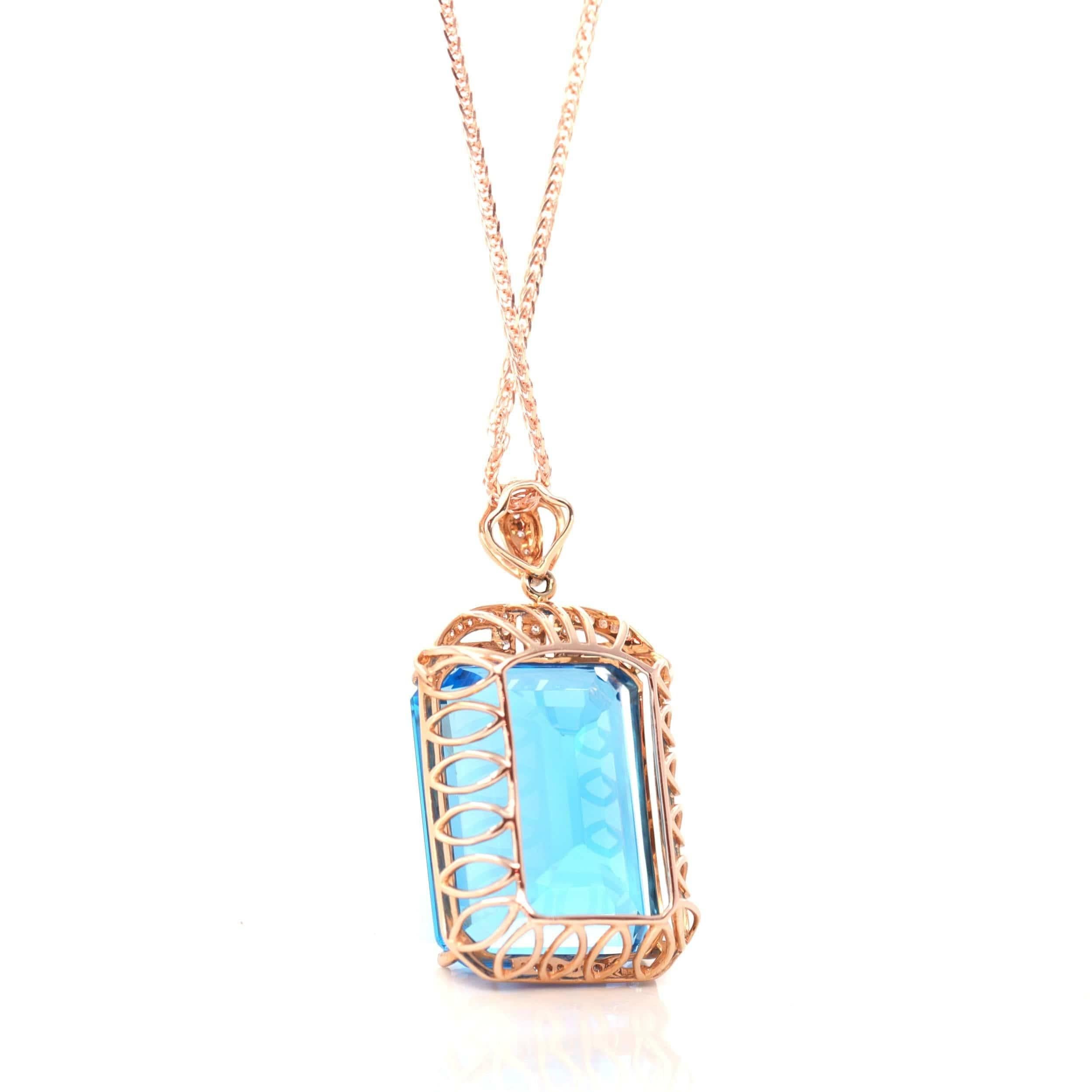 14k Rose Gold London Blue Topaz Emerald Cut Prong Set Necklace with Diamonds In New Condition For Sale In Portland, OR