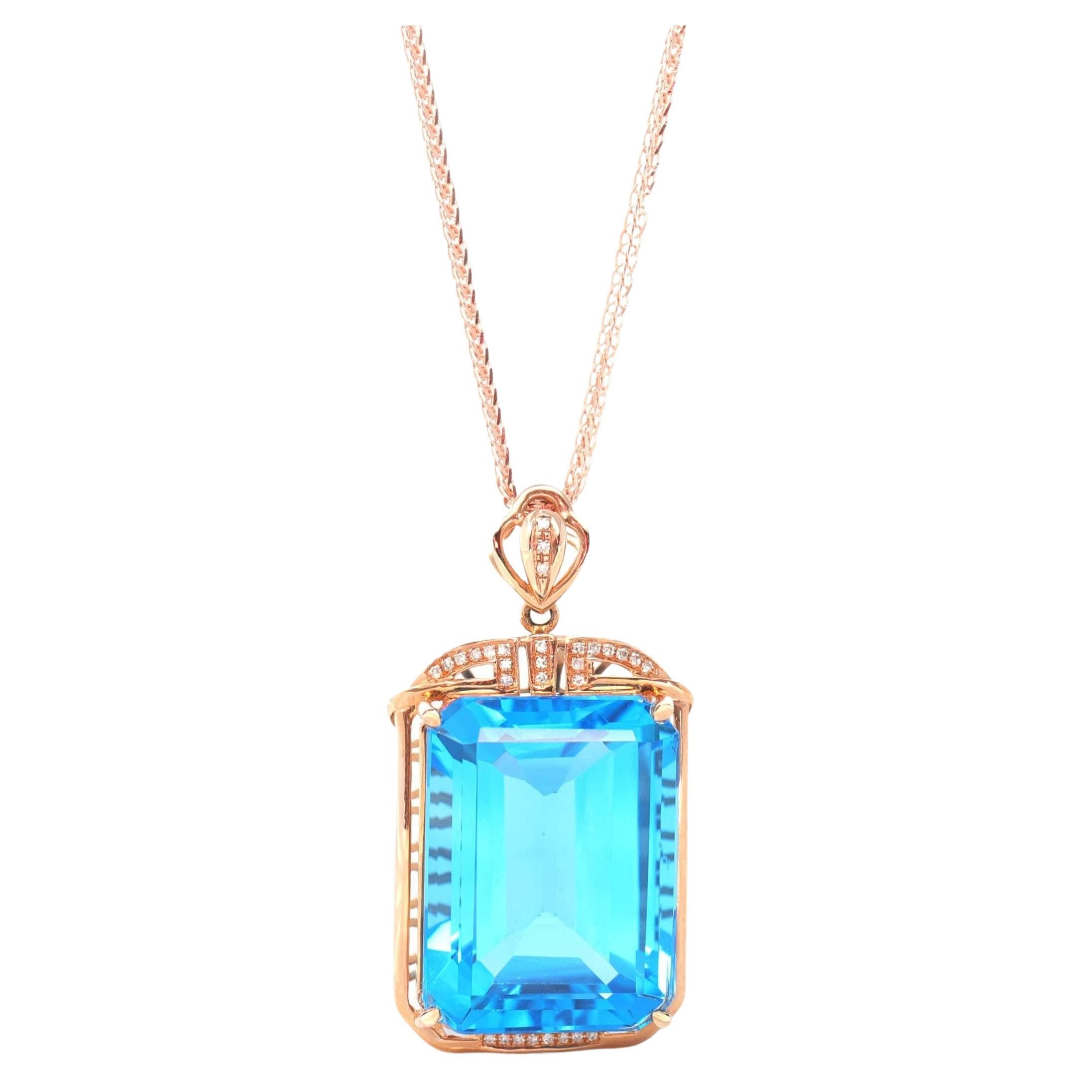 14k Rose Gold London Blue Topaz Emerald Cut Prong Set Necklace with Diamonds For Sale