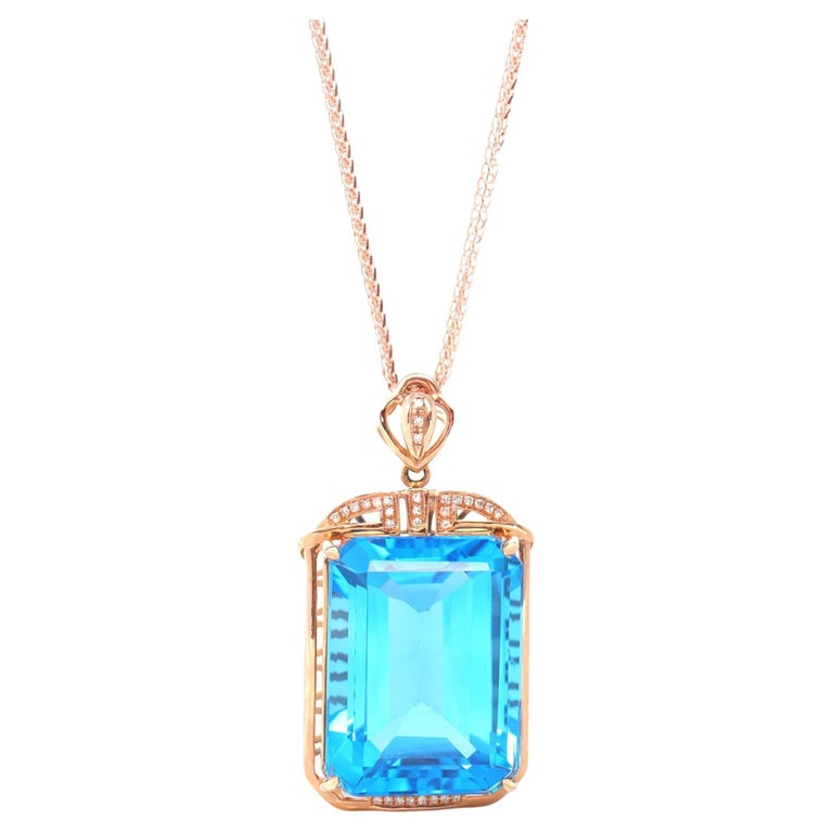 14k Rose Gold London Blue Topaz Emerald Cut Prong Set Necklace with Diamonds For Sale at 1stDibs