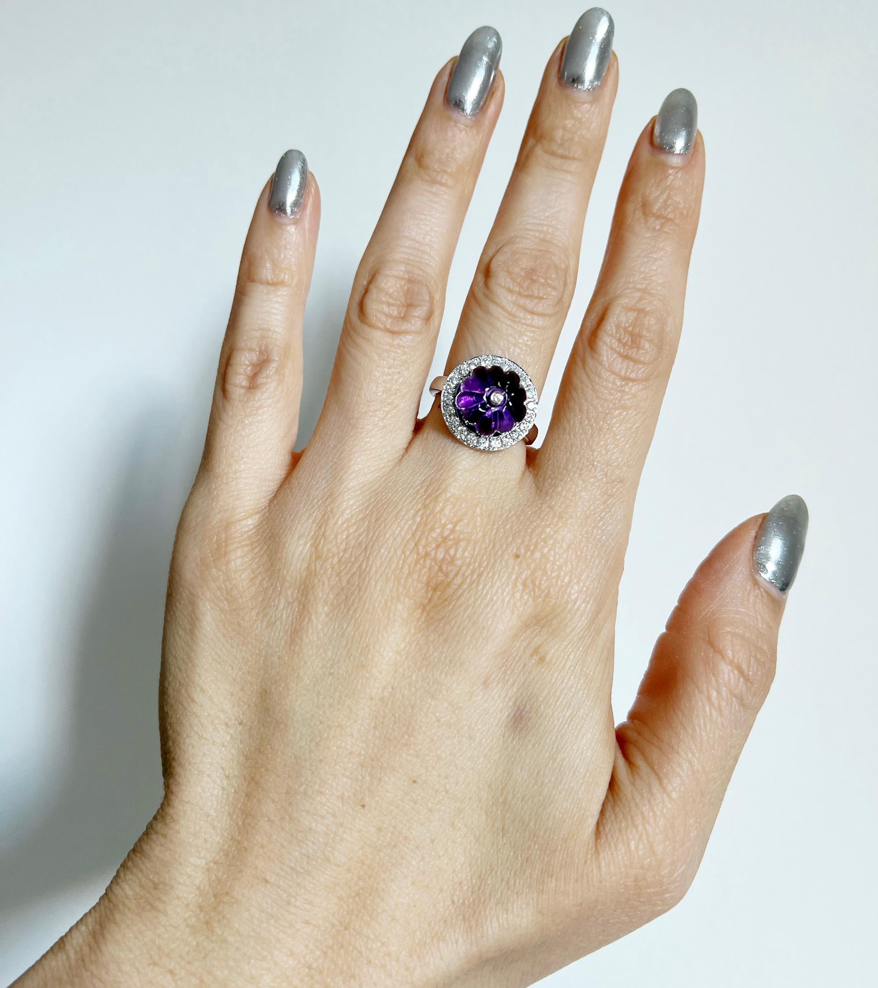 14K Rose Gold Lux Art Deco Cocktail Diamond & Hand Carved Amethyst Ring  In New Condition For Sale In Los Angeles, CA