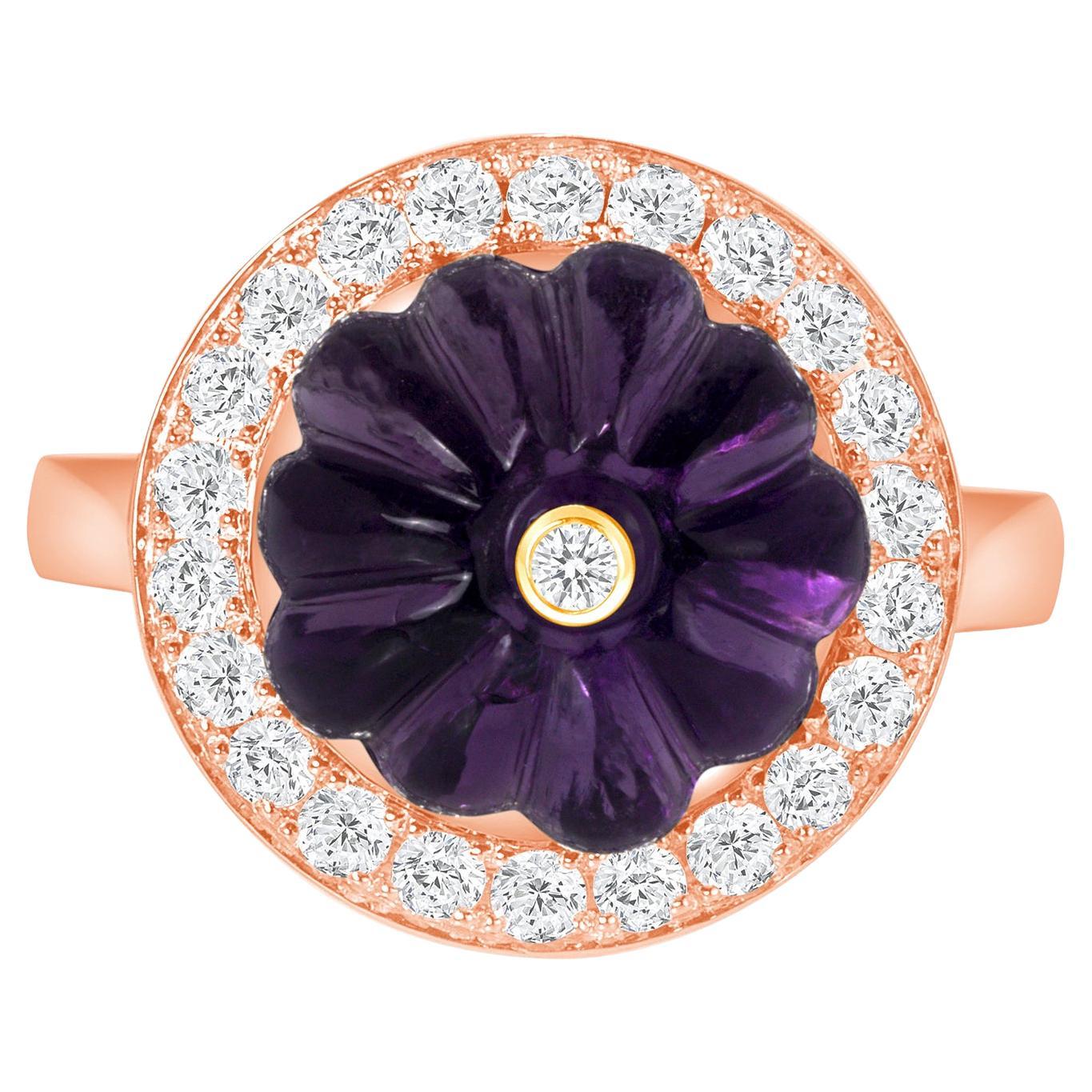 14K Rose Gold Lux Art Deco Cocktail Diamond & Hand Carved Amethyst Ring  For Sale