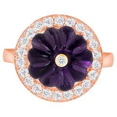 14K Rose Gold Lux Art Deco Cocktail Diamond & Hand Carved Amethyst Ring 