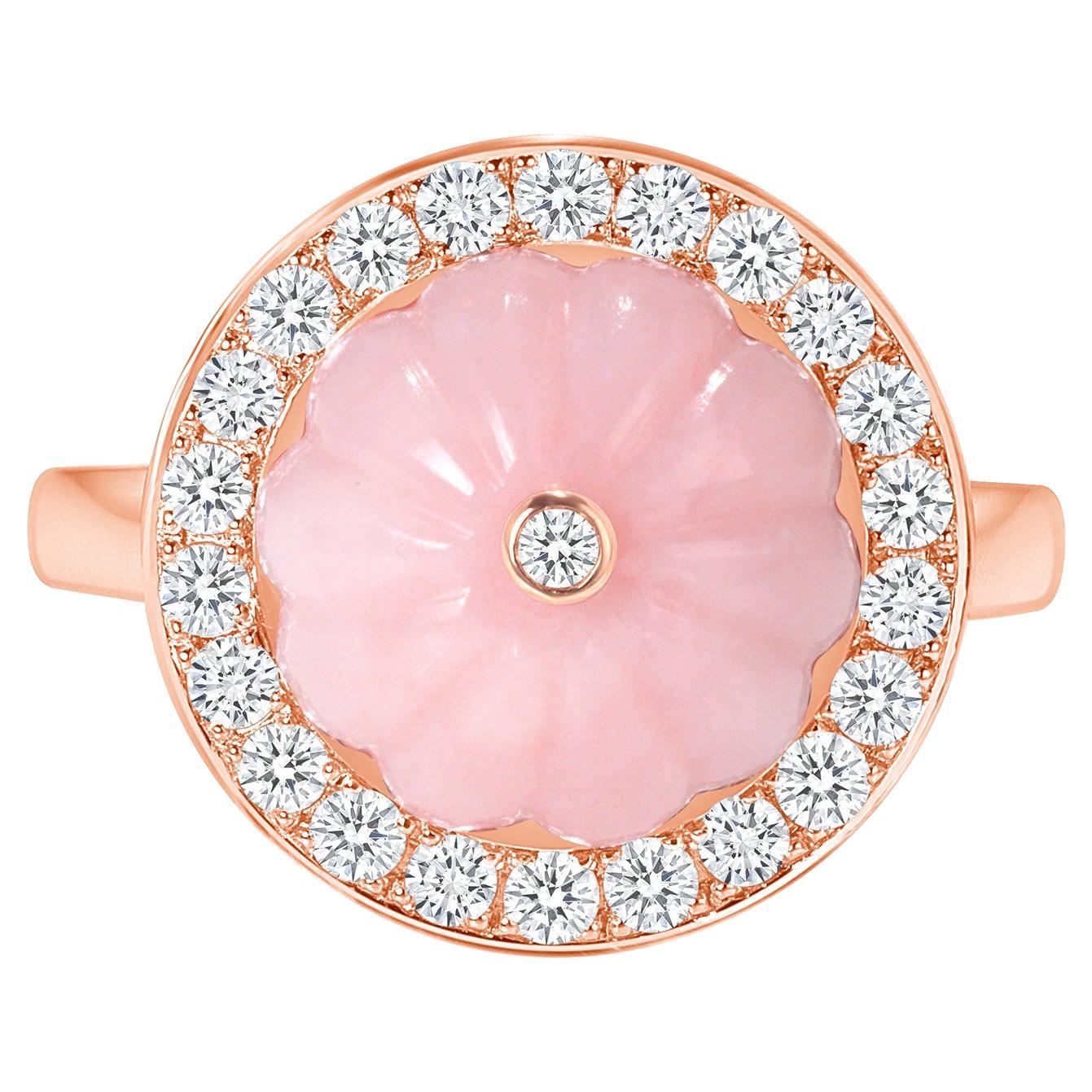 14K Rose Gold Lux Art Deco Cocktail Diamond & Hand Carved Pink Opal Ring 