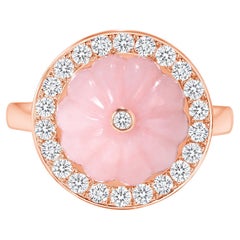 14K Rose Gold Lux Art Deco Cocktail Diamond & Hand Carved Pink Opal Ring 