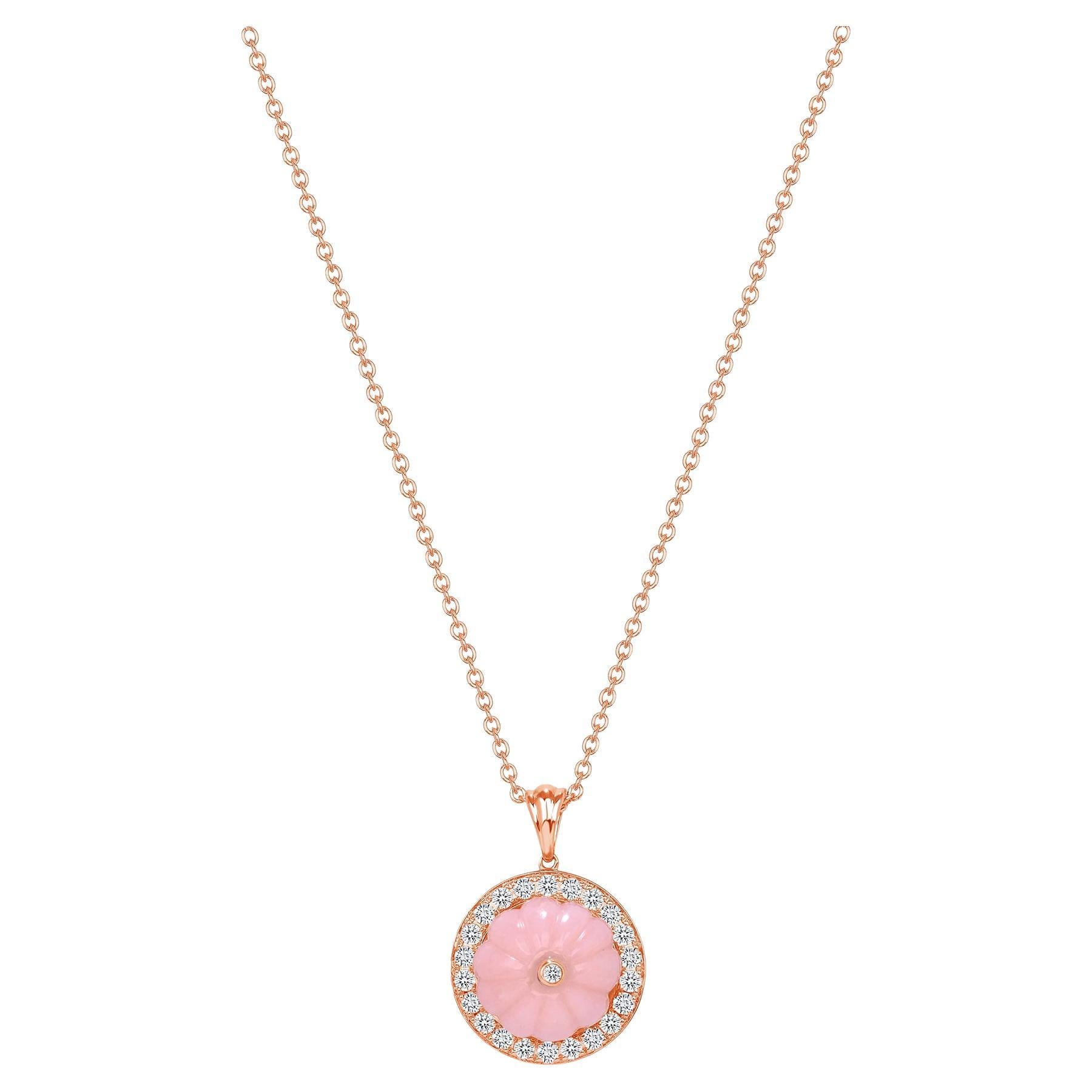 14K Rose Gold Lux Art Deco Diamond & Hand Carved Pink Opal Pendant  For Sale