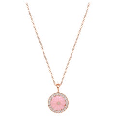 14K Rose Gold Lux Art Deco Diamond & Hand Carved Pink Opal Pendant 