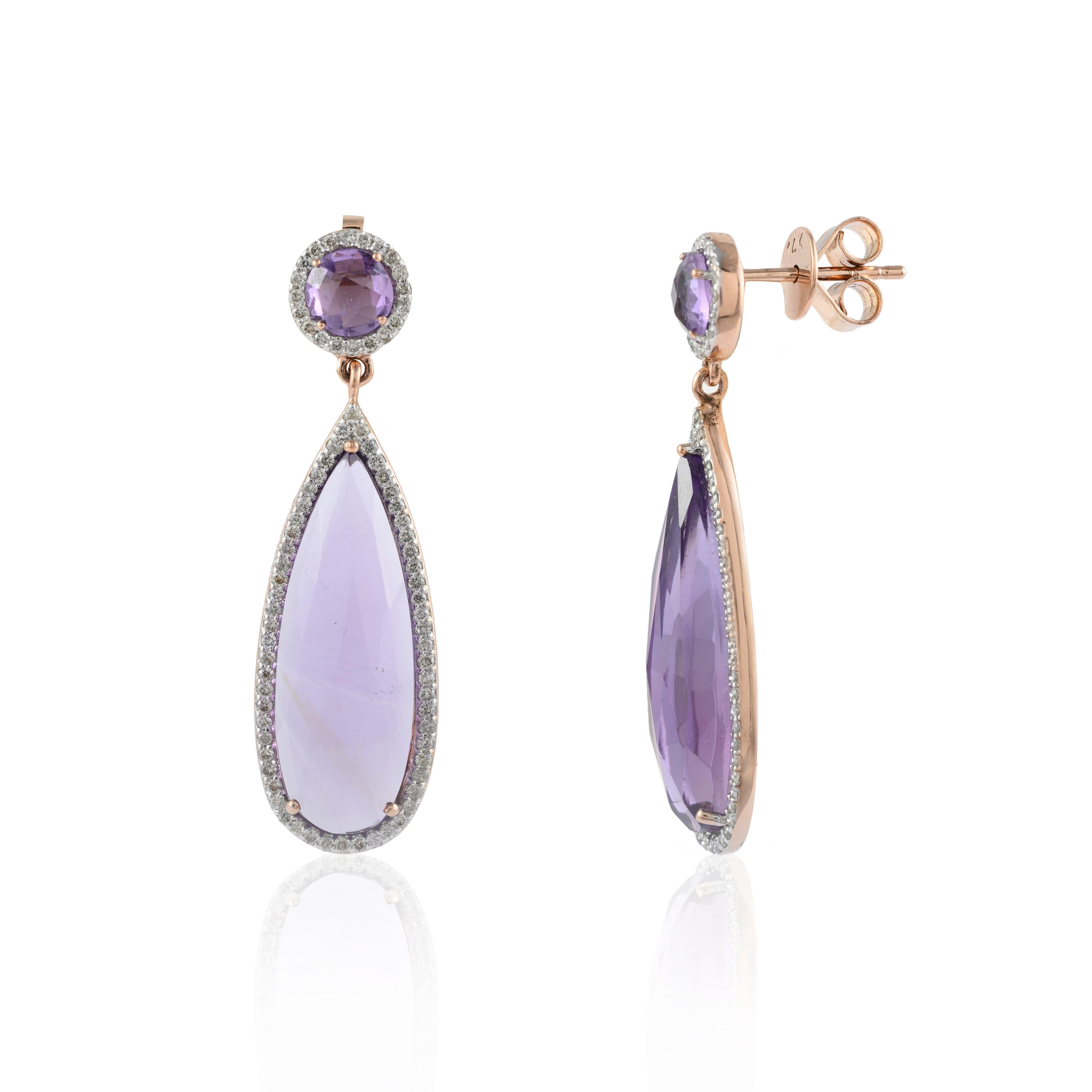 Modern 14k Rose Gold Magnificent 10.77ct Amethyst Dangle Drop Earrings with Diamonds For Sale