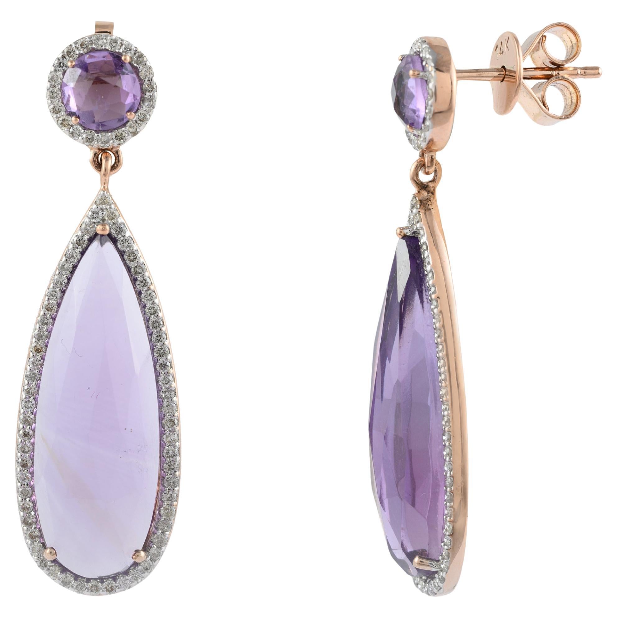 14k Rose Gold Magnificent 10.77ct Amethyst Dangle Drop Earrings with Diamonds For Sale