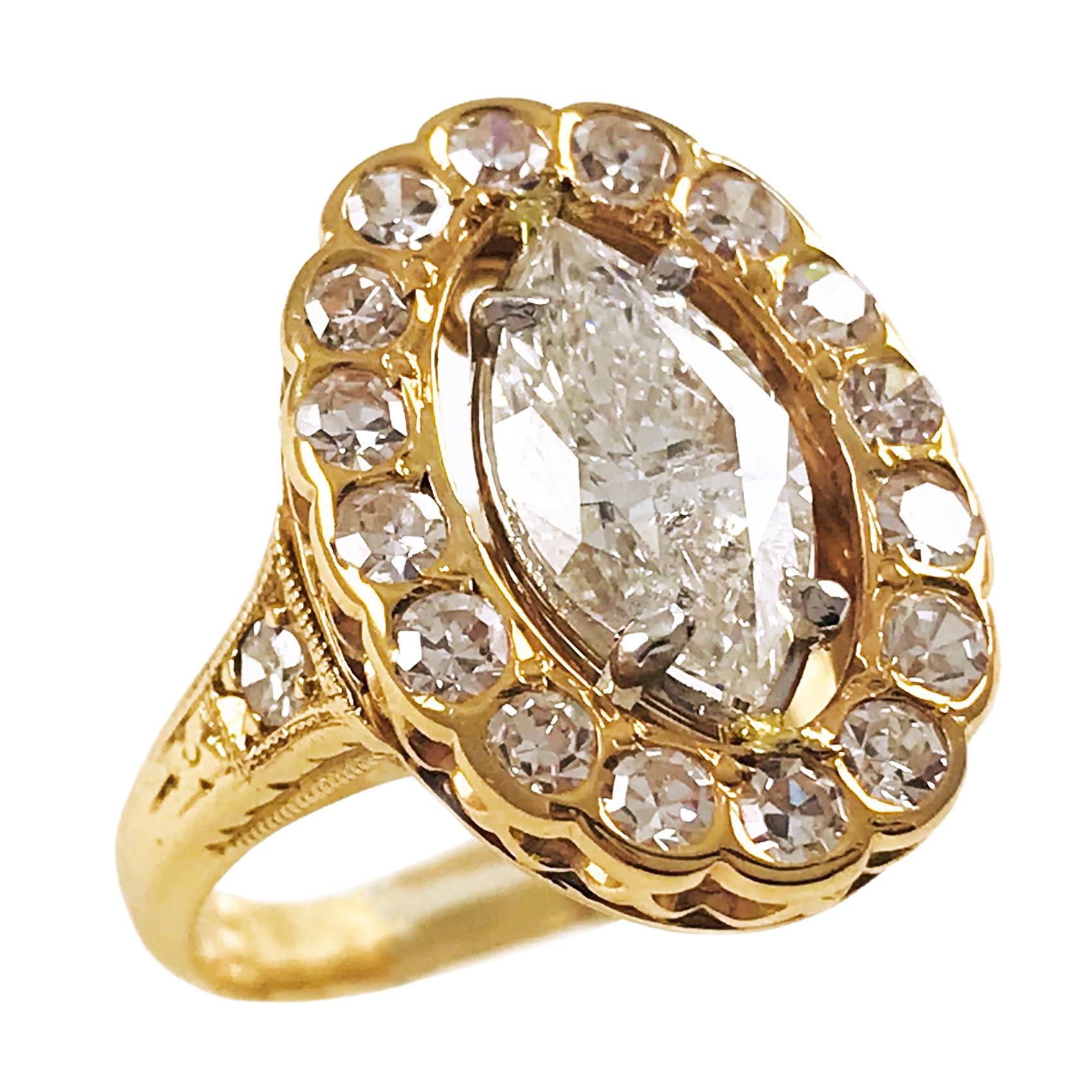 Bague cocktail en or rose 14K, style rétro, 1,58ct, diamant marquise
