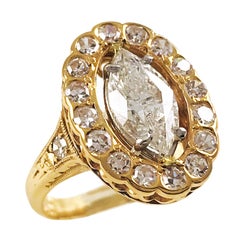 14K Rose Gold Marquise Diamond Cocktail Ring, Retro Style, 1.58ct