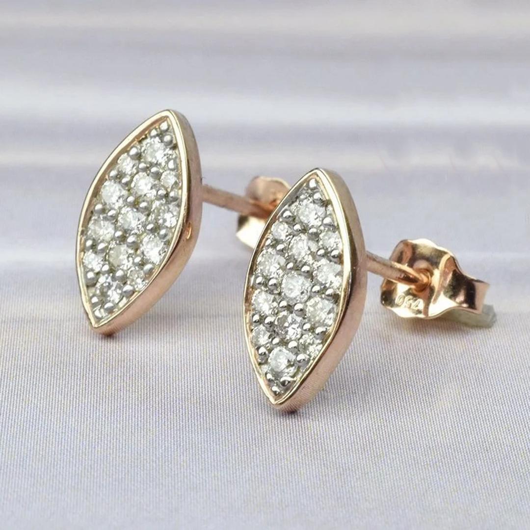 Round Cut 14k Gold Marquise Diamond Earrings Minimal Diamond Earrings For Sale