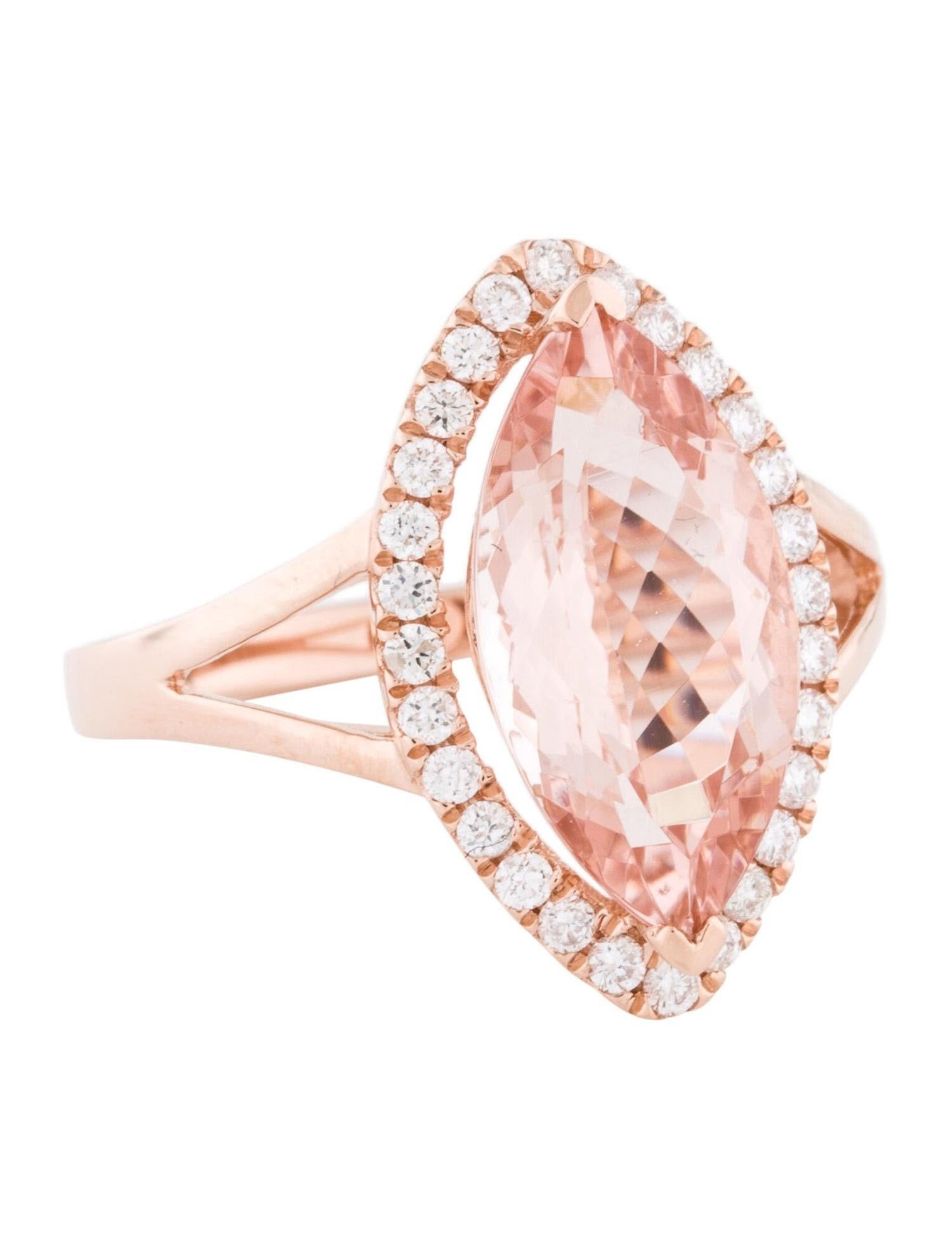 This is a stunning marquise-shaped natural morganite and diamond ring set in solid 14K rose gold. This ring features a natural marquise shaped 3.50 Carat morganite stone with excellent color (AAA quality gem) that is surrounded by a band of