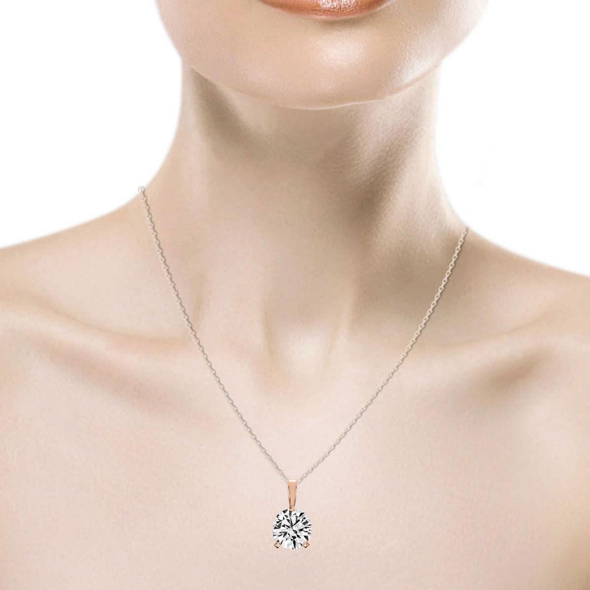 Round Cut 14 Karat Rose Gold Martini 3 Prongs Natural Diamond Pendant '2 Carat' For Sale