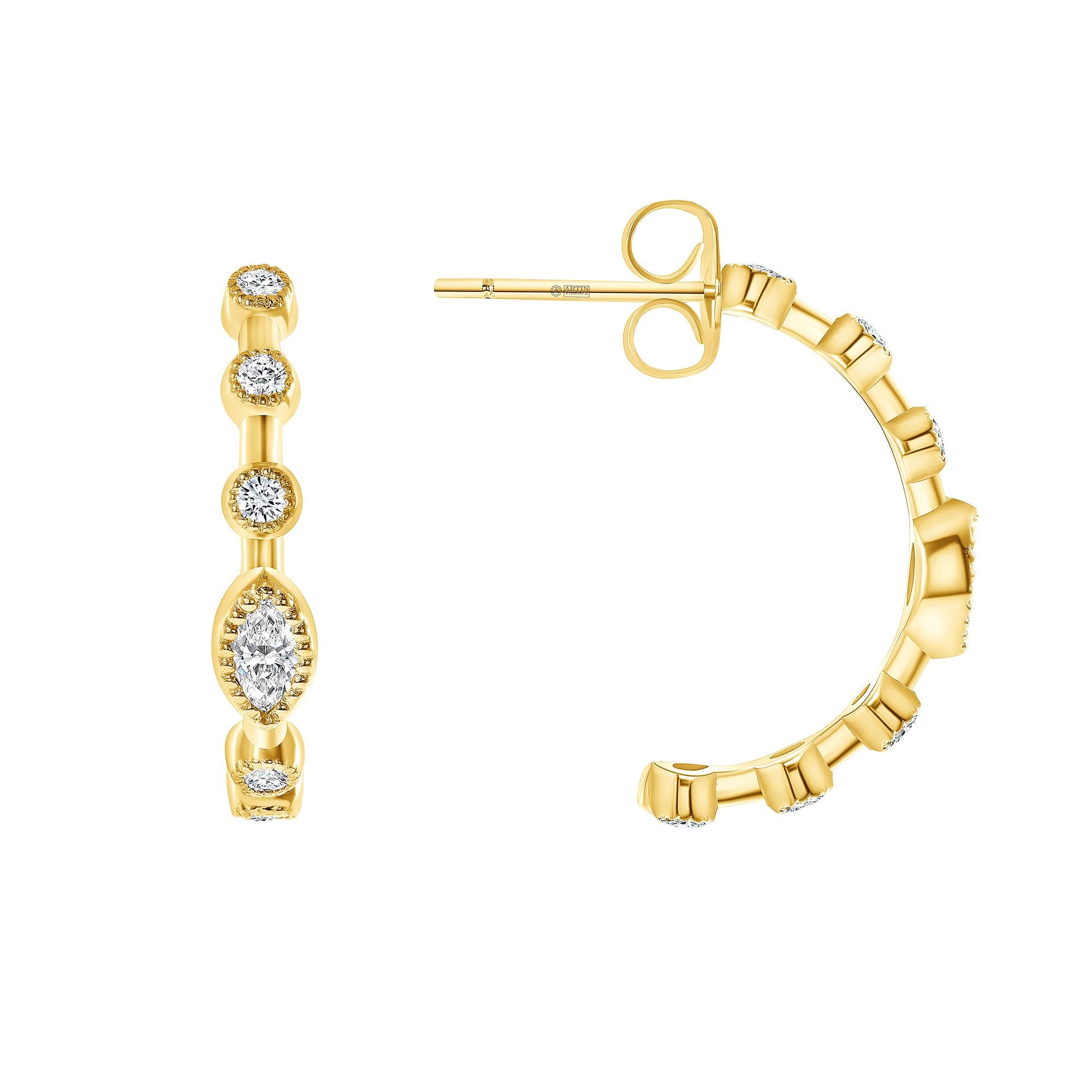 Marquise Cut 14K Rose Gold Modern Bezel & Marquise Diamond Half Hoop Earring For Sale