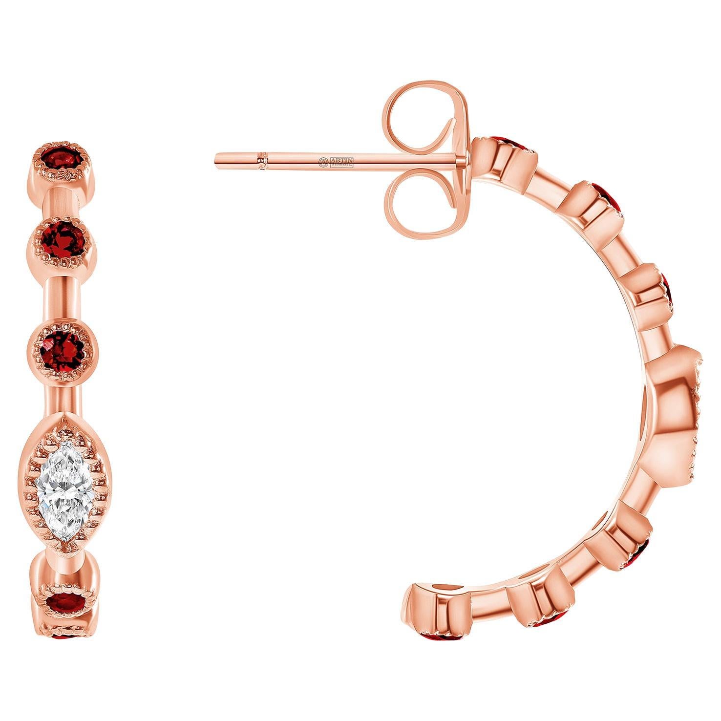 14K Rose Gold Modern Bezel Ruby & Marquise Diamond Half Hoop Earring For Sale