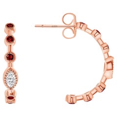Boucle d'oreille demi-cercle en or rose 14K avec chaton moderne pour rubis et diamants marquise