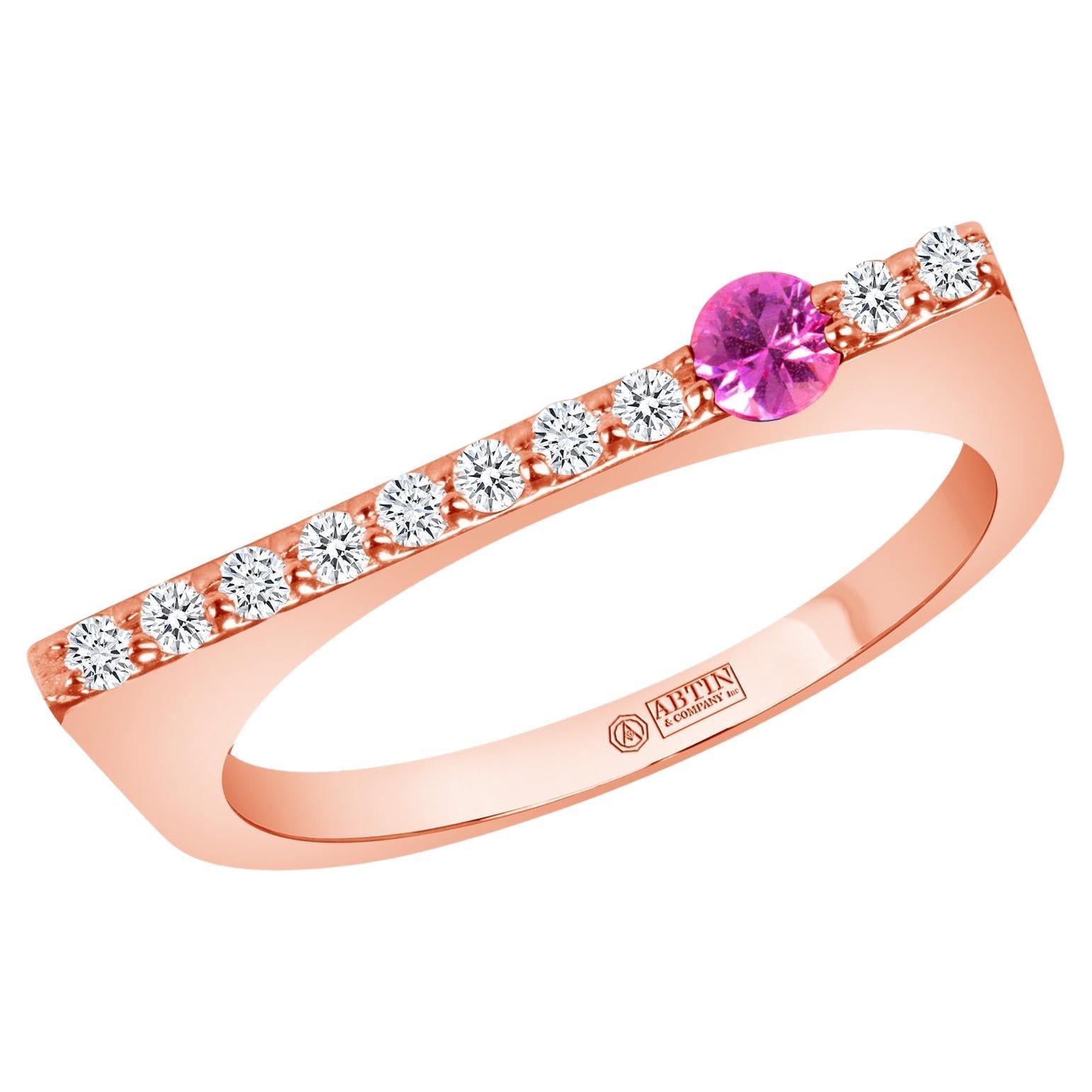 14K Rose Gold Modern Dainty Bar Diamond & Pink Sapphire Stackable Band Ring For Sale