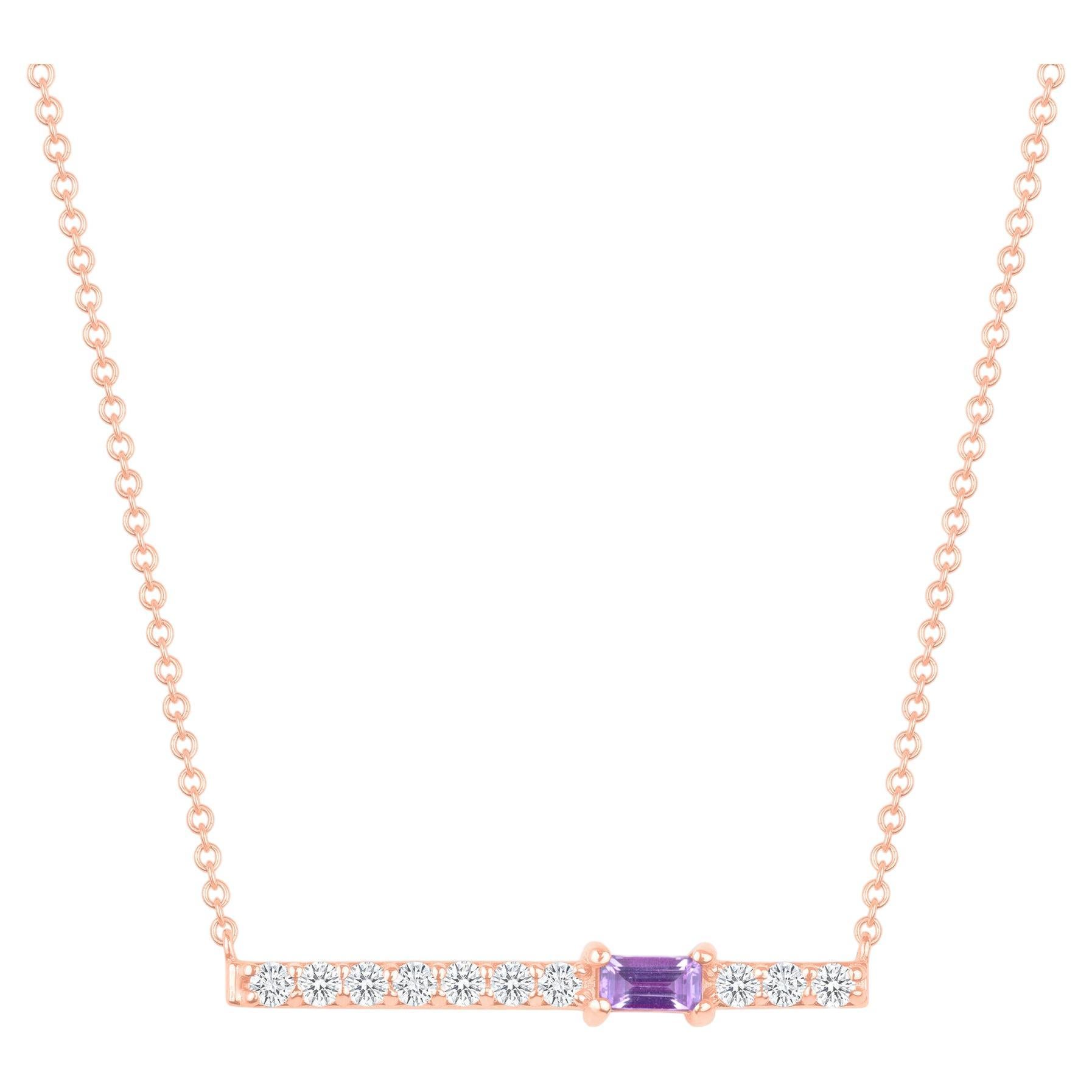14K Rose Gold Modern Diamond & Amethyst Baguette Pendant Necklace For Sale