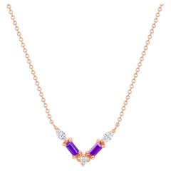 Halskette mit Baguette-Anhänger, 14 Karat Roségold Moderner Diamant & Amethyst