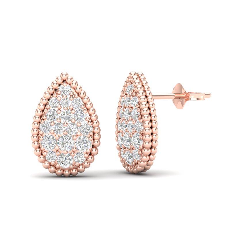 14K Rose Gold Modern Tear Drop Pear Shaped Pave Set Studs Diamond Earring In New Condition For Sale In Los Angeles, CA