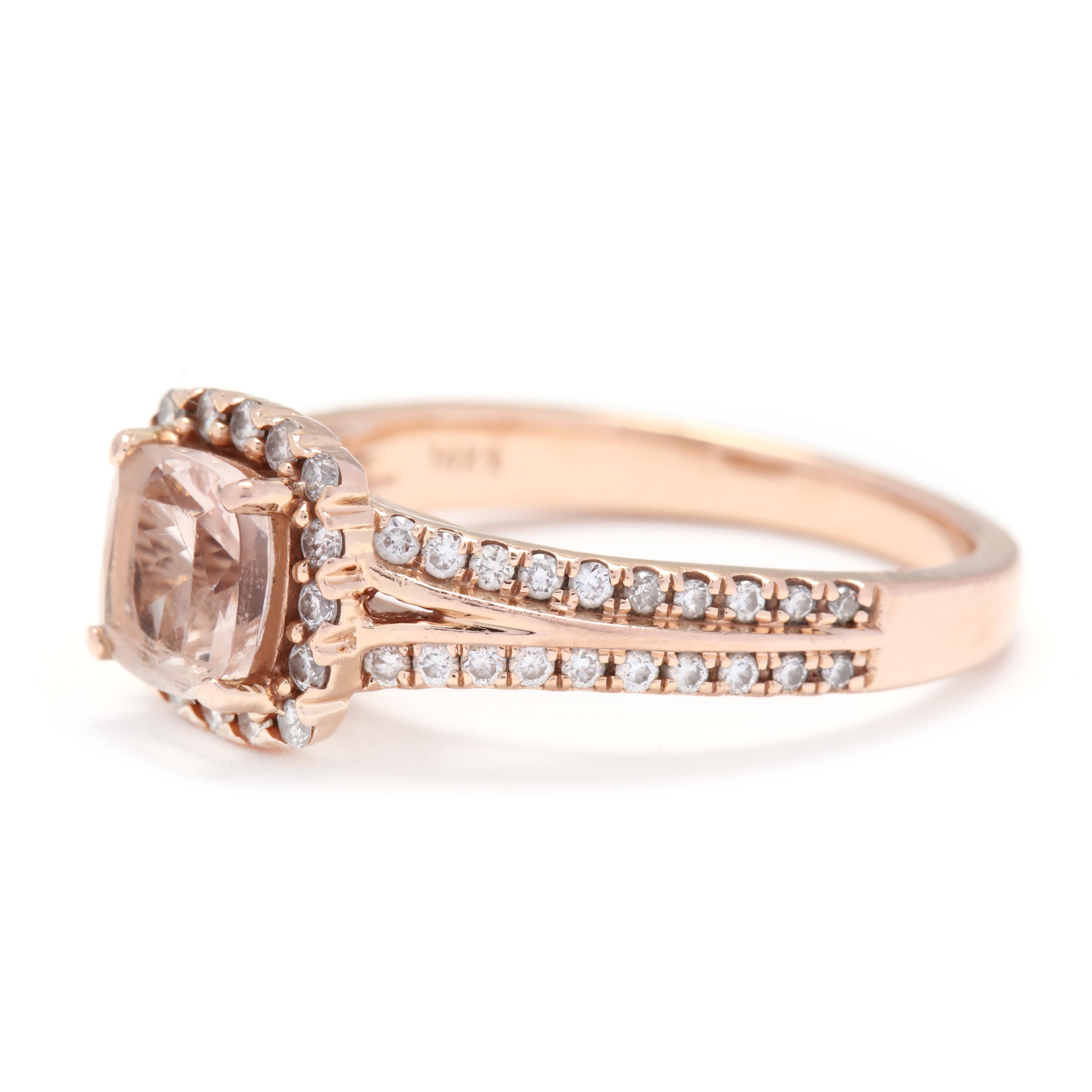 14 Karat Rose Gold Morganite and Diamond Halo Ring In Good Condition In McLeansville, NC