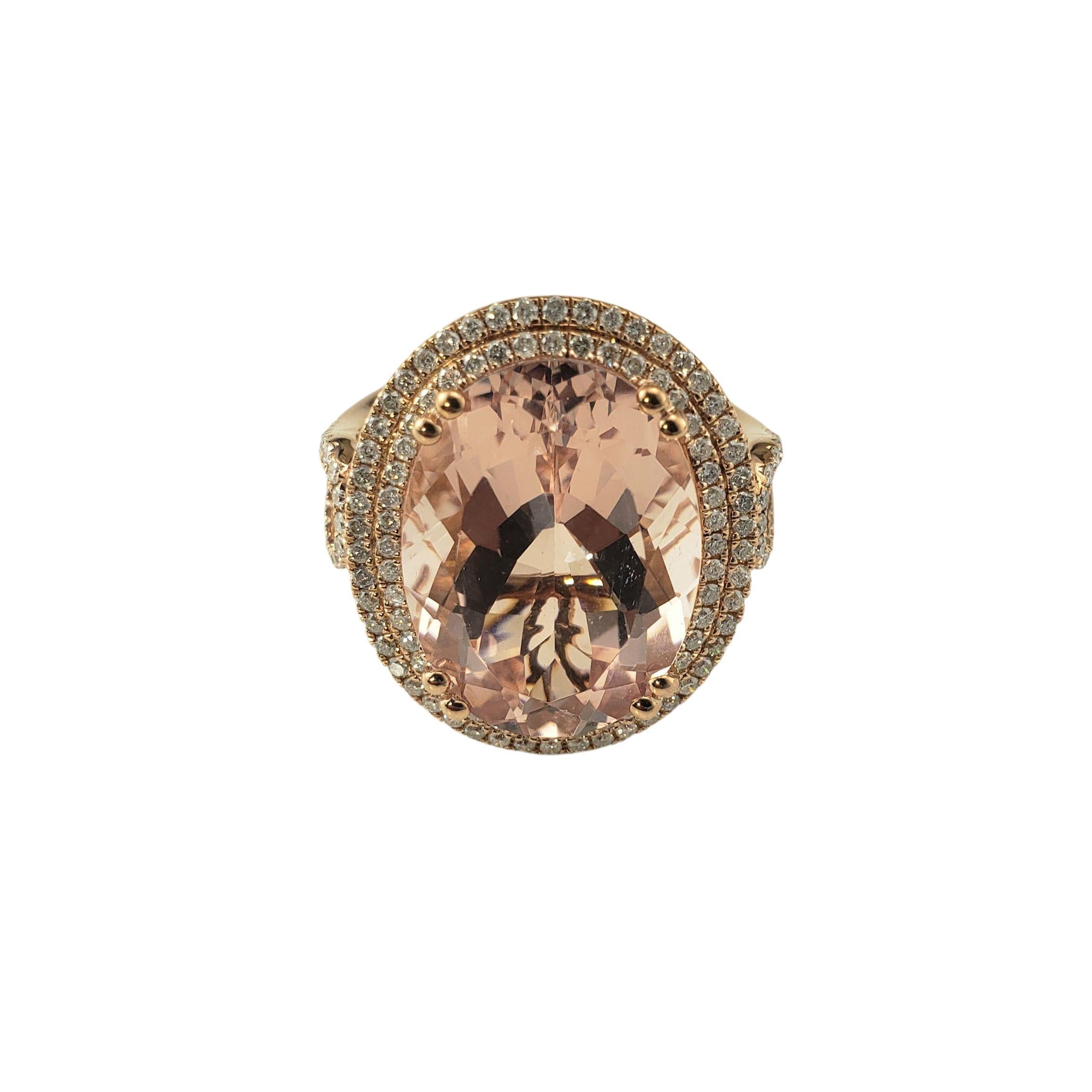 14K Rose Gold Morganit und Diamant Ring Größe 7,25 JAGi zertifiziert-

Dieser atemberaubende Statement-Ring präsentiert einen atemberaubenden ovalen Morganit (19,2 mm x 14,0 mm), der von einem funkelnden doppelten Halo aus 131 natürlichen, runden