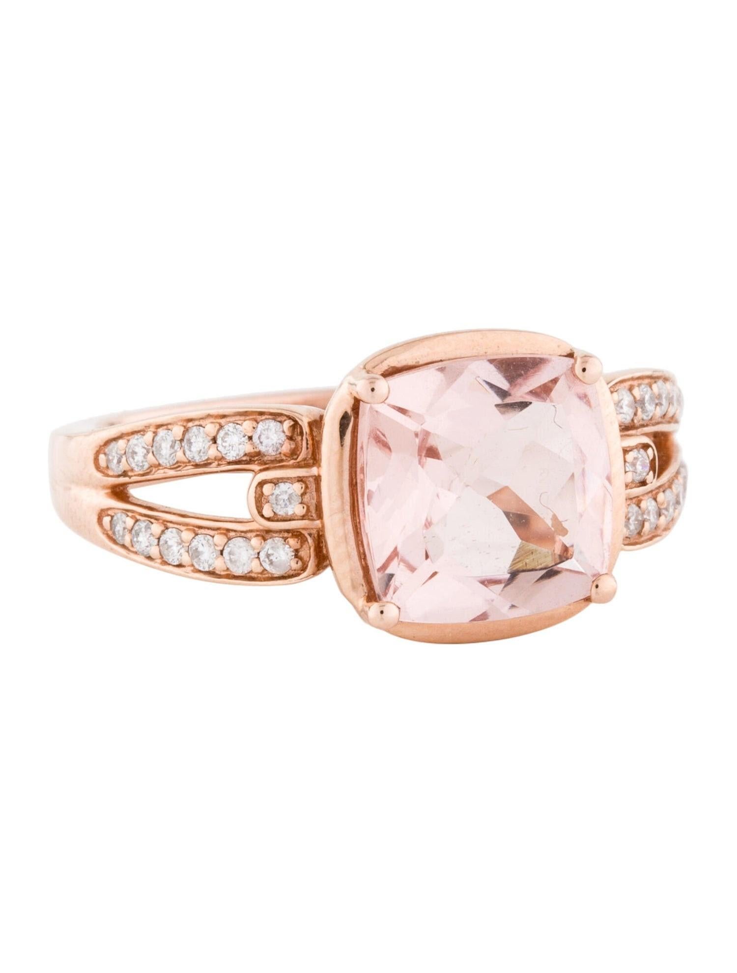 This is a delicate cushion-shaped natural morganite and diamond ring set in solid 14K rose gold. This ring features a stunning natural cushion-cut morganite stone with excellent clear color (AAA quality gem). This ring showcases 2.39 carat of AAA